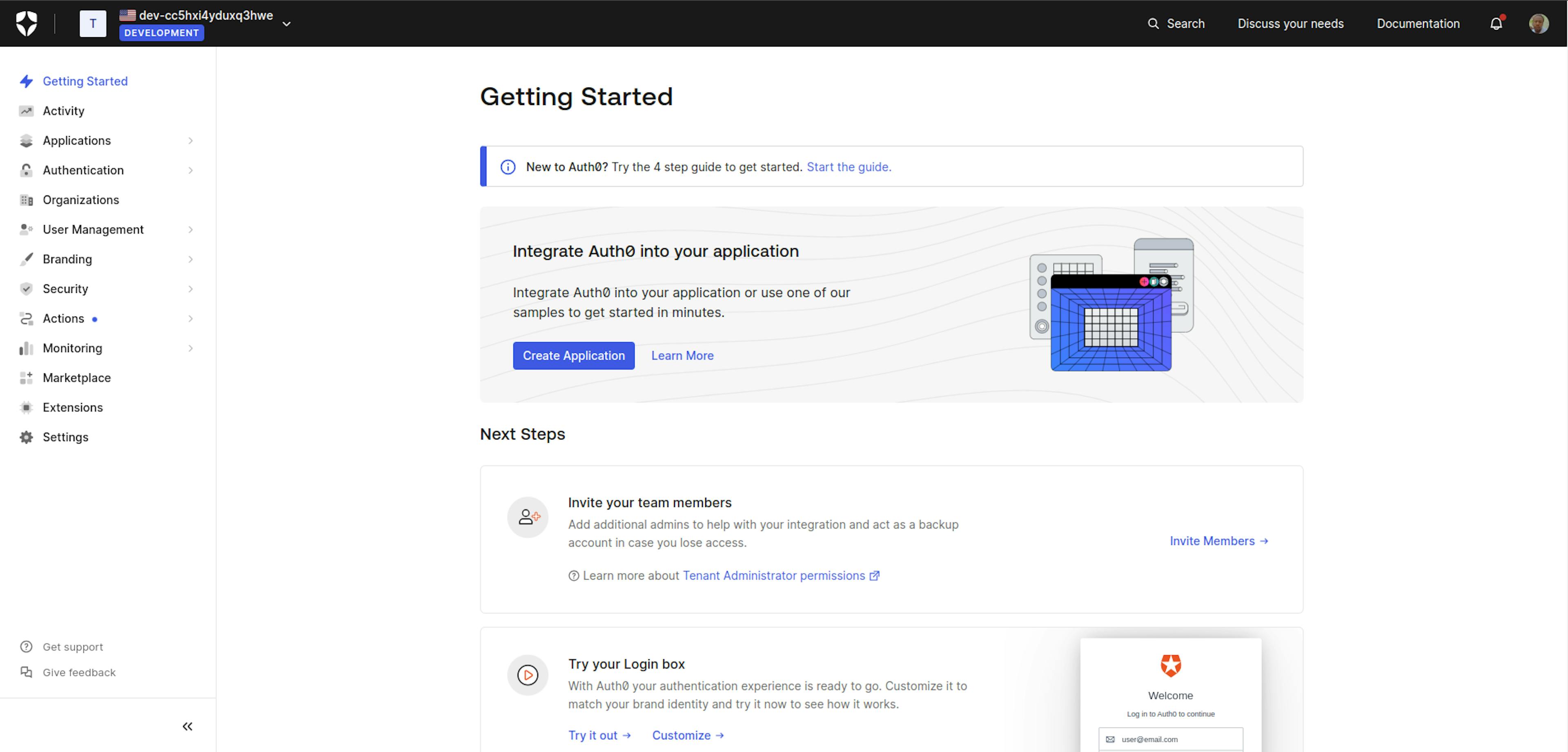 An image of Auth0 getting started page.