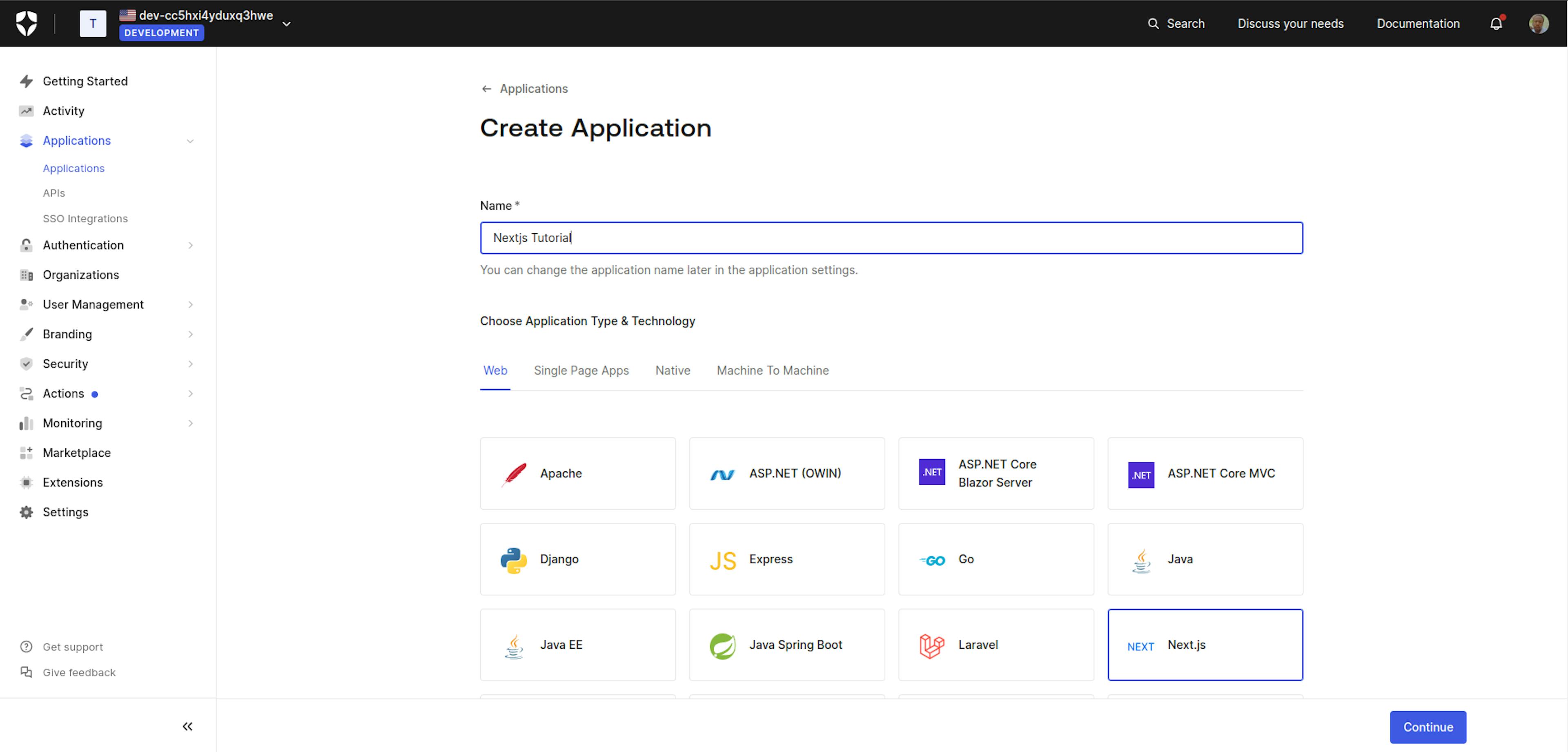 An image of Auth0 create application page.