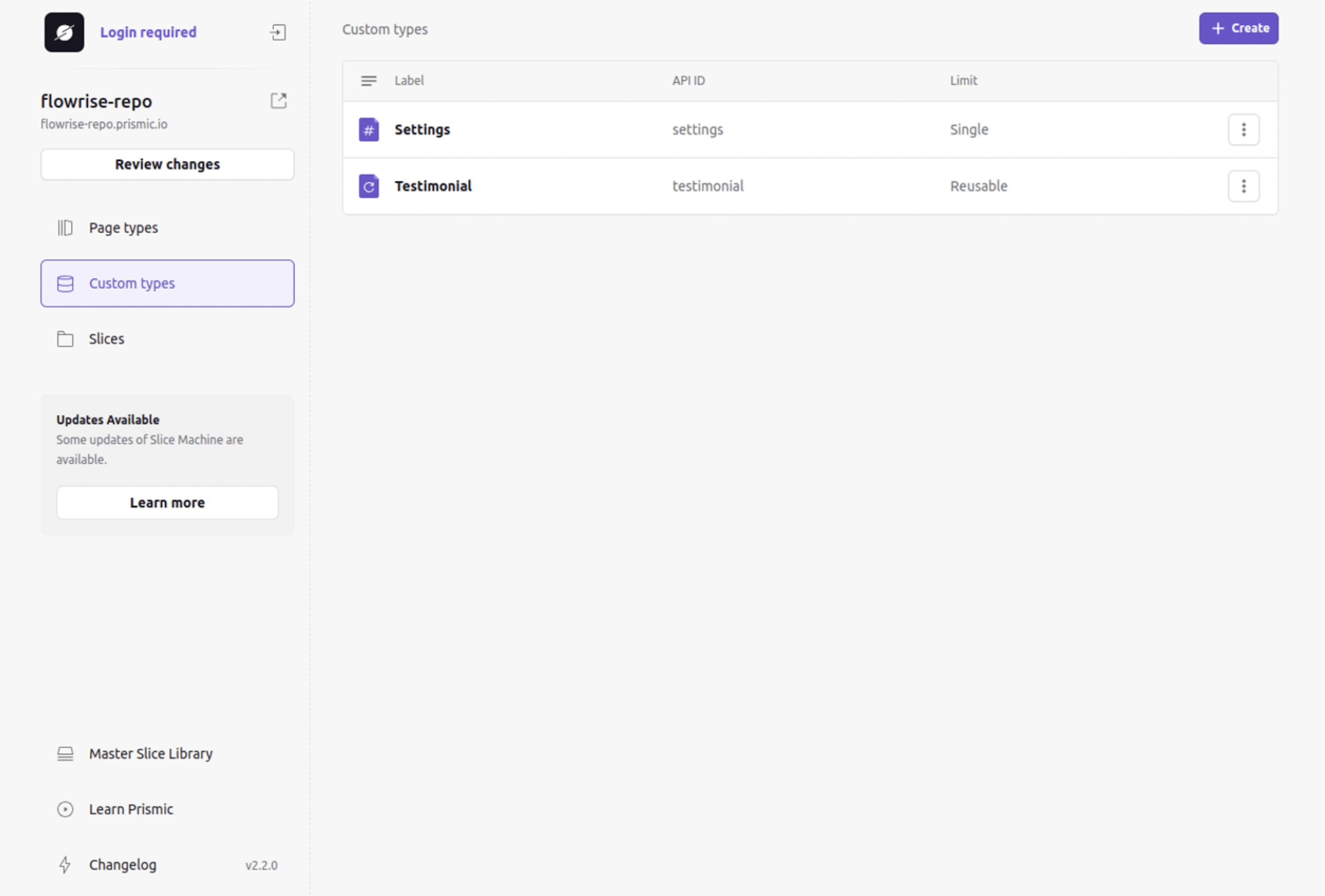 An image of custom types in Slice Machine.