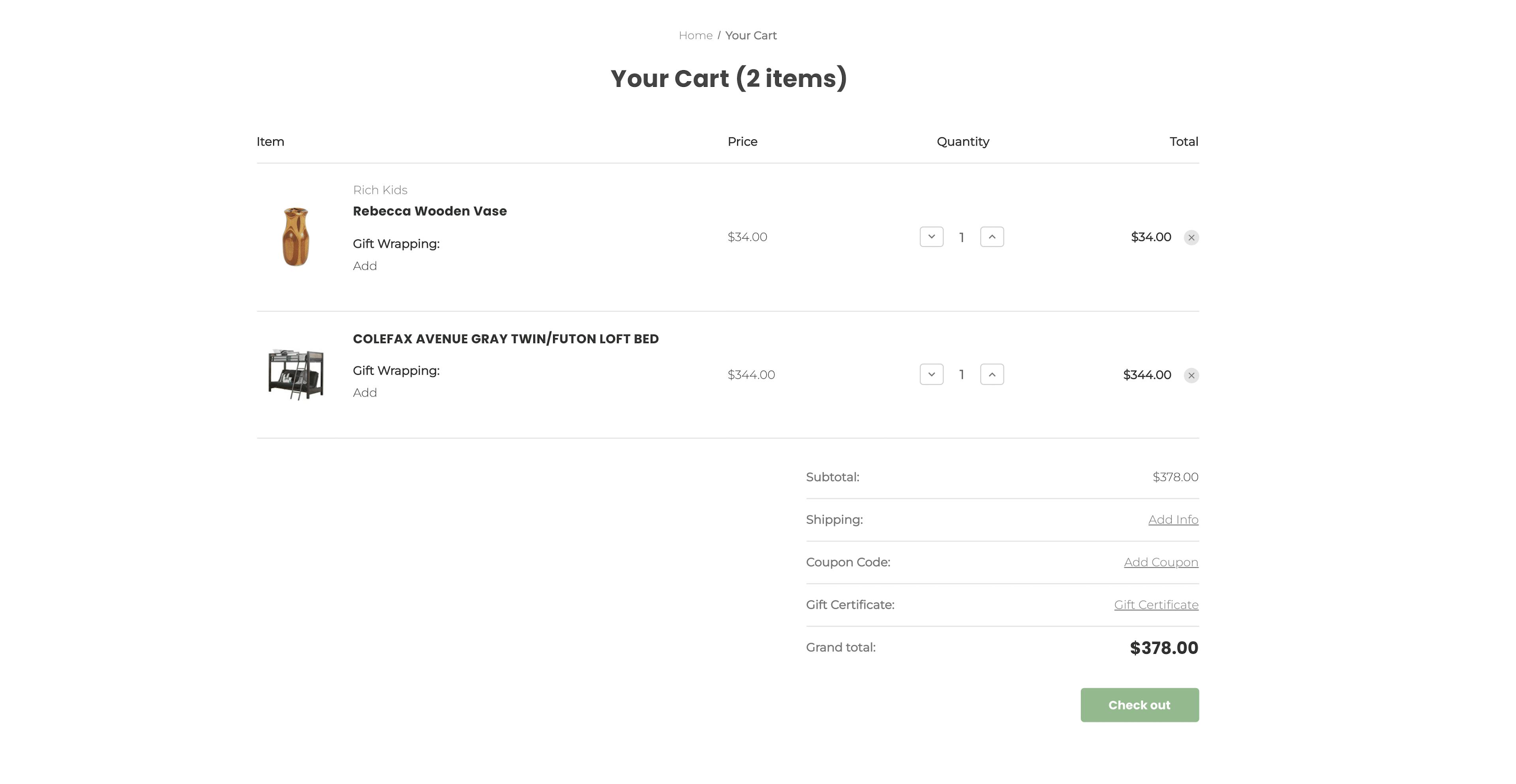 An image of the shopping cart of BigCommerce’s Luna Light theme