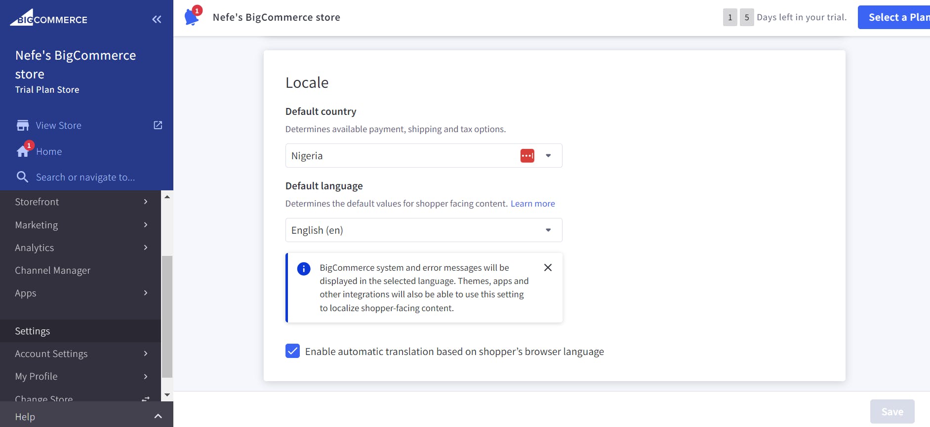 An image of storefront localization on BigCommerce’s dashboard