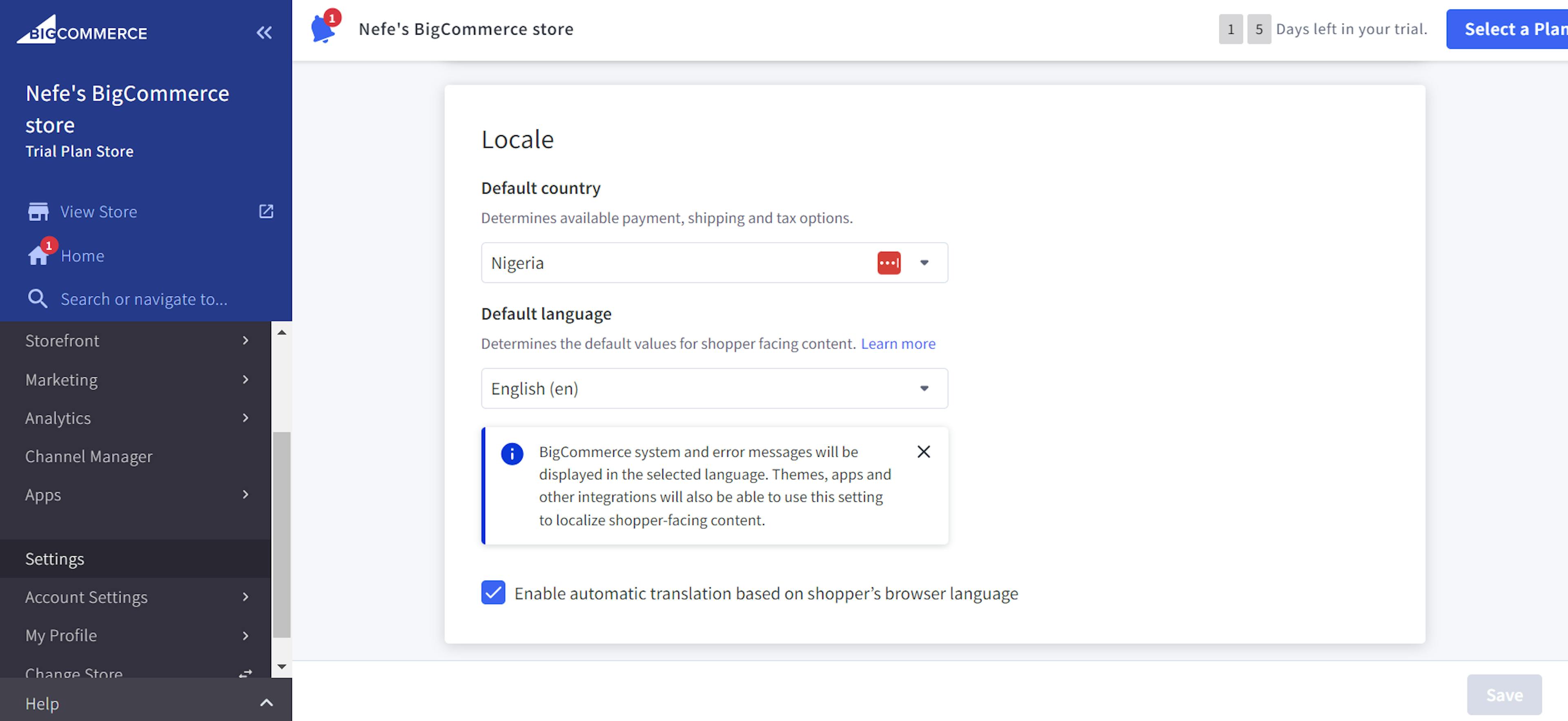 An image of storefront localization on BigCommerce’s dashboard