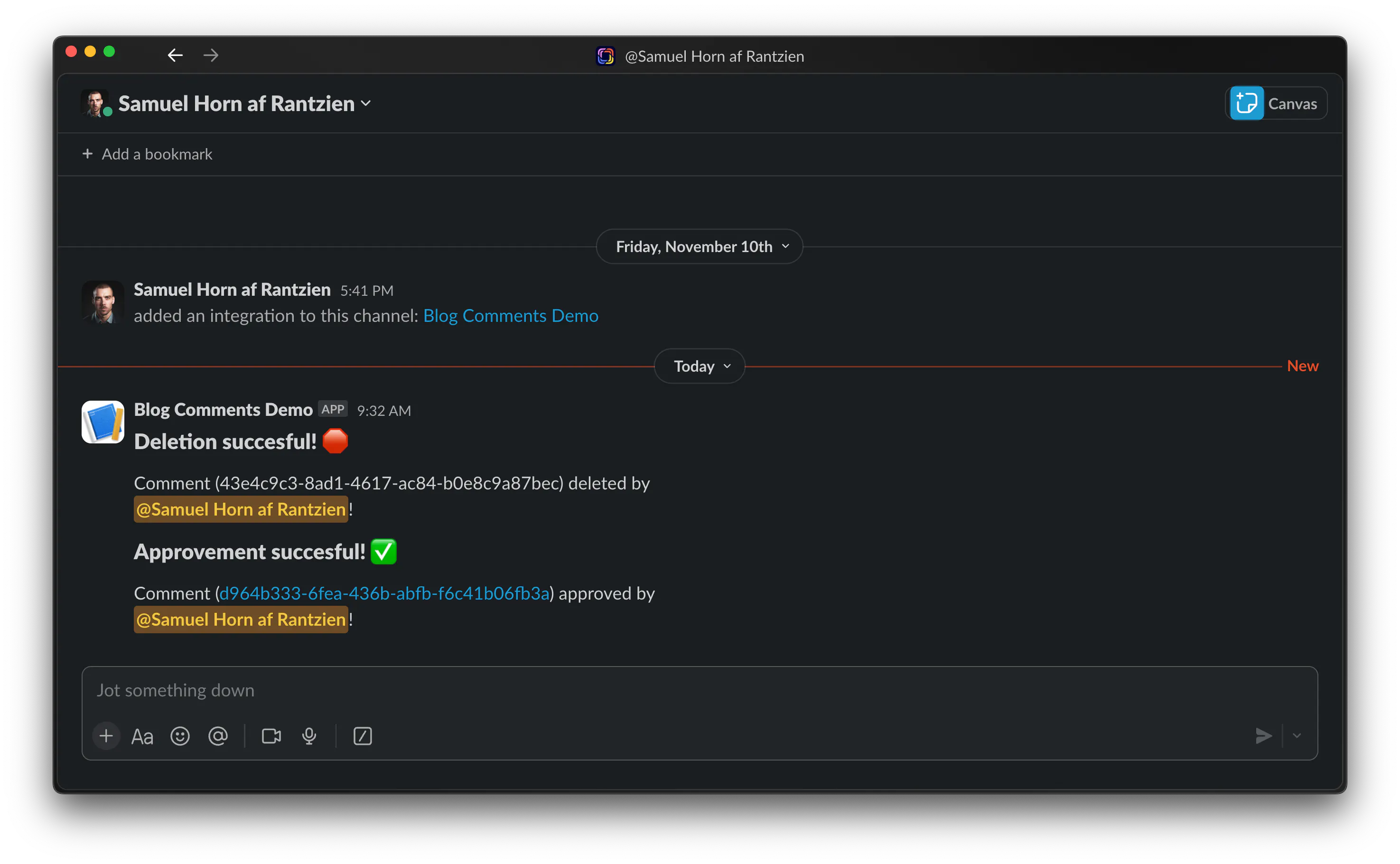 An image of delete and approve messages in Slack.