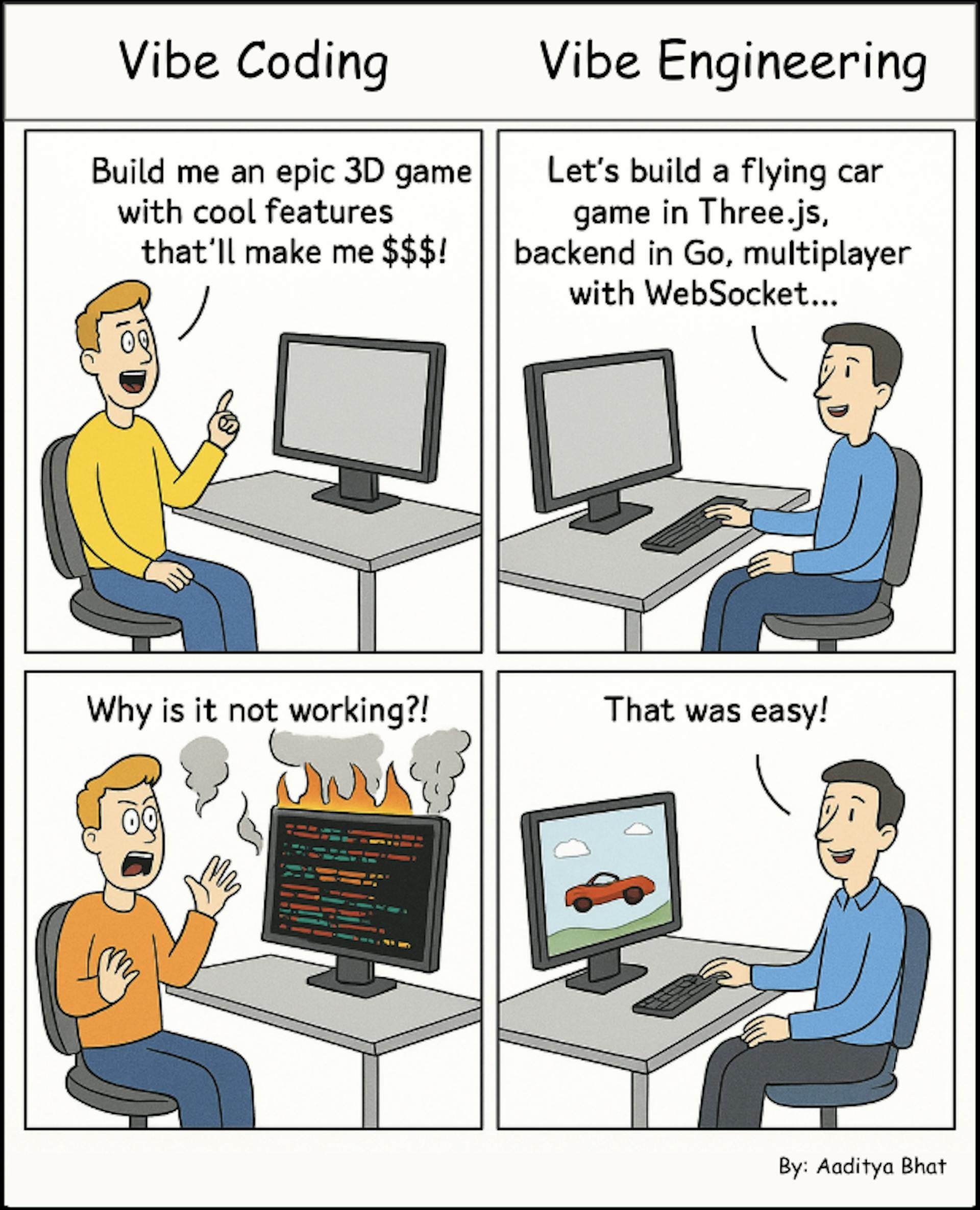 A cartoon image of vibe coding vs. vibe engineering