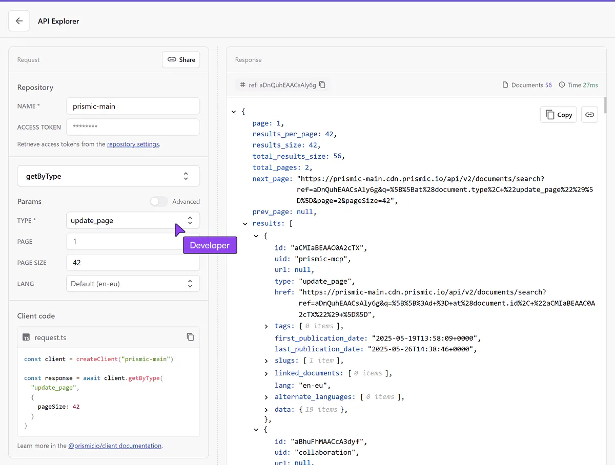 API Explorer: Explore & Query Prismic Content