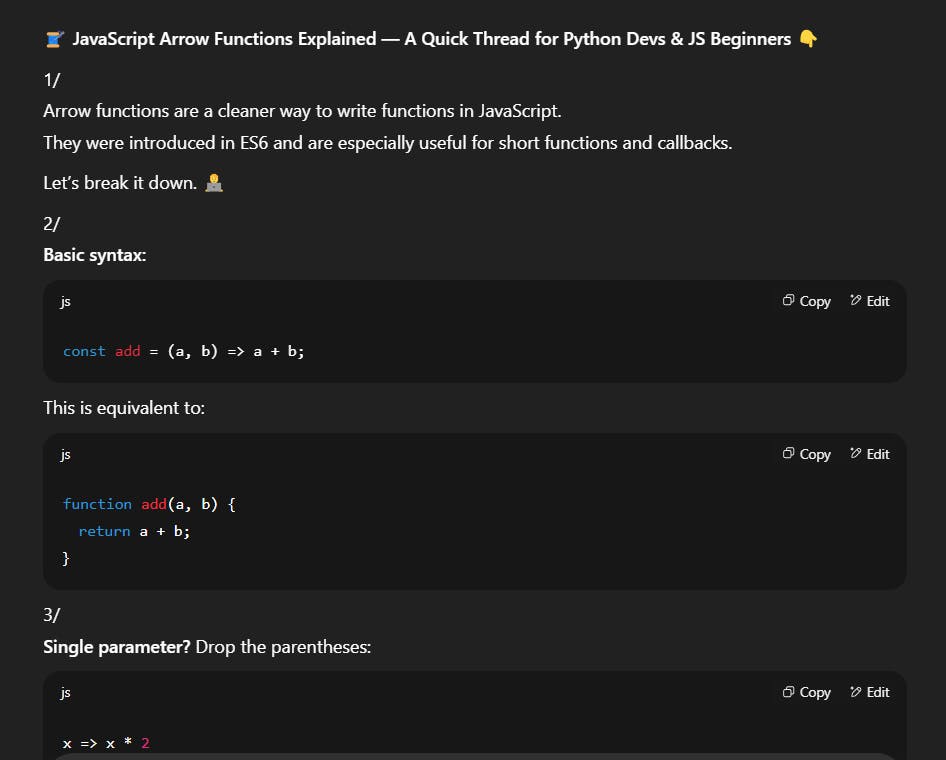 An image of ChatGPT arrow function prompt in Tweet format