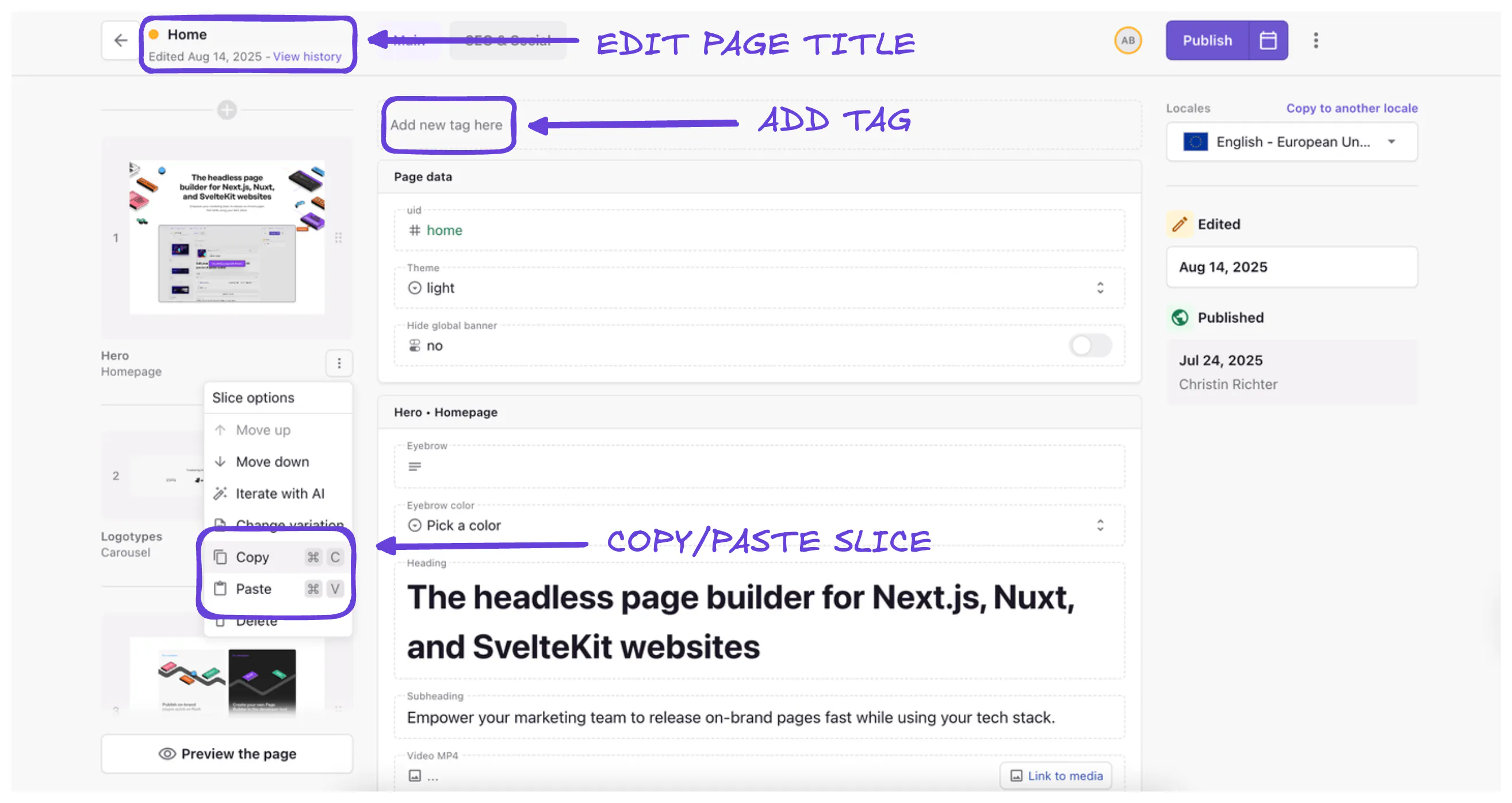 An image of features in the Page Builder