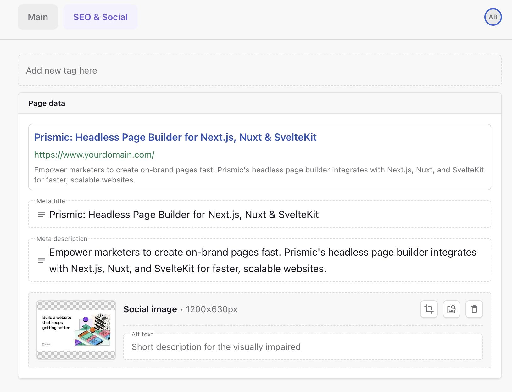 An image of seo and social tab in the page builder