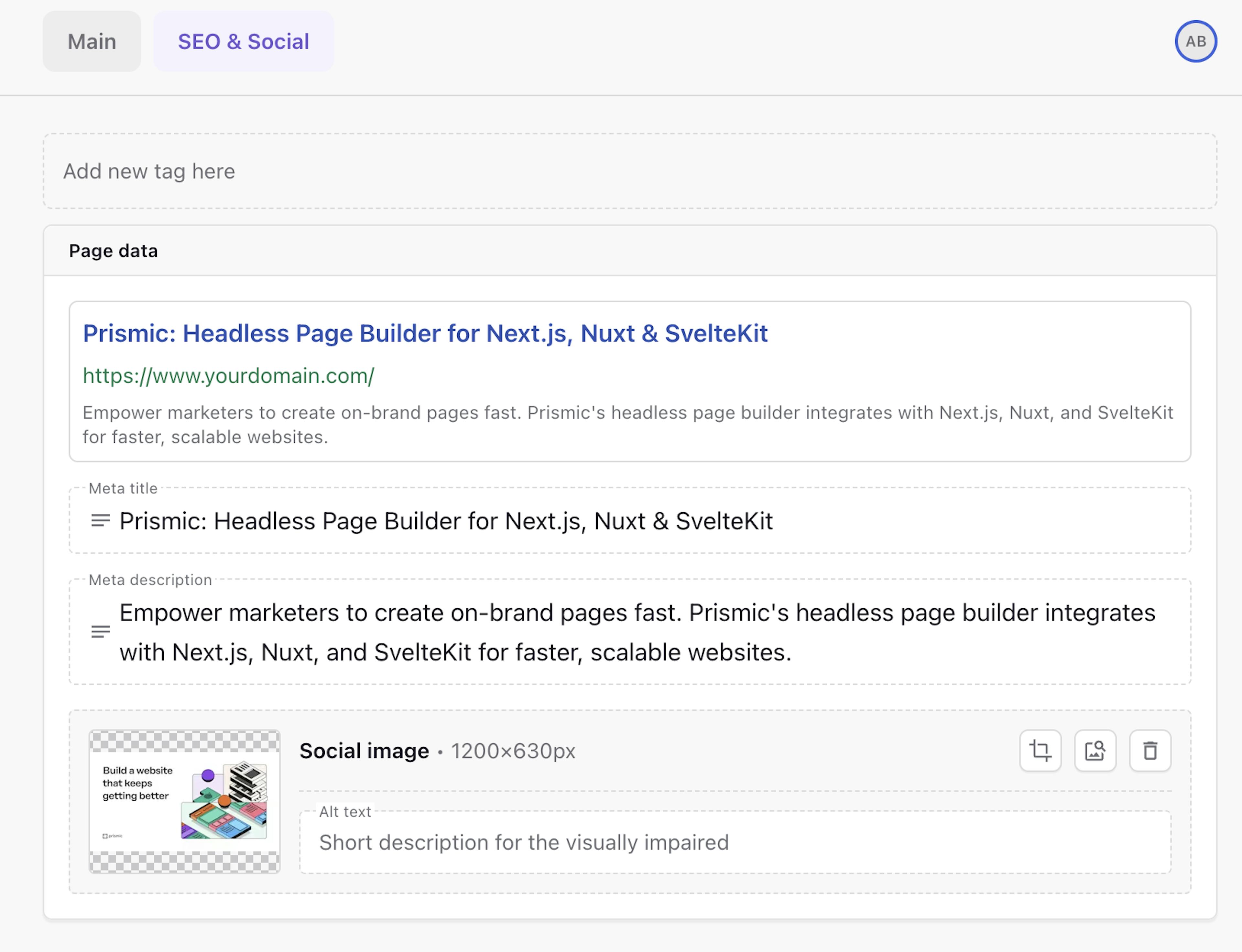 An image of seo and social tab in the page builder