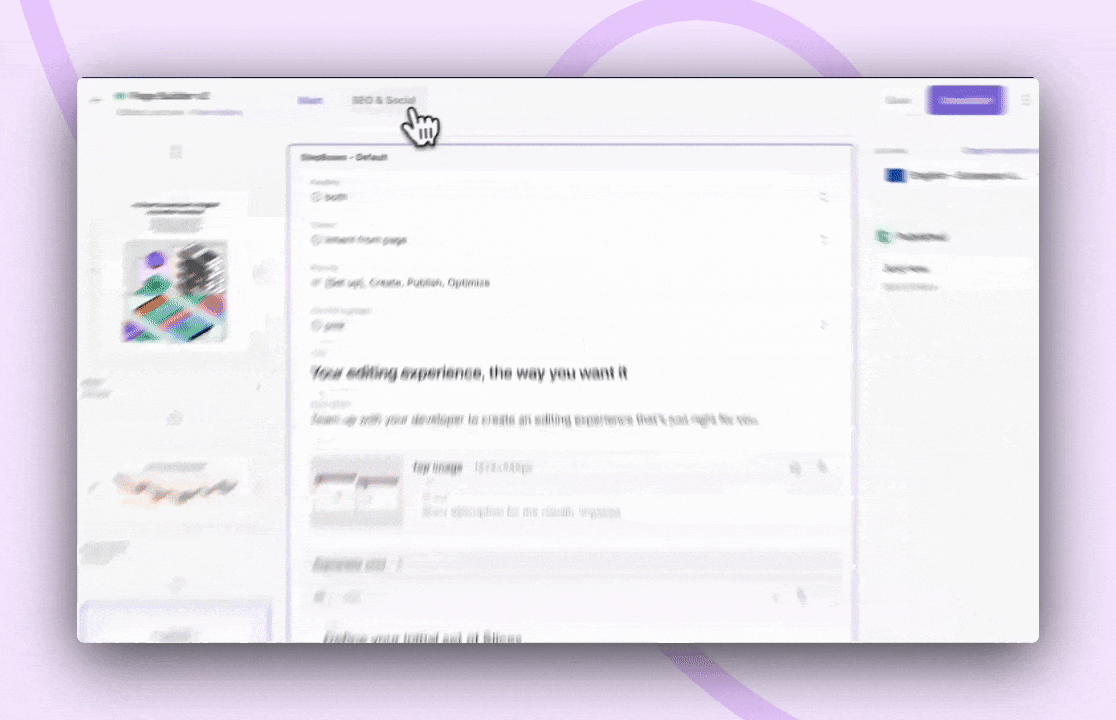A GIF of SEO and Social tab in the Page Builder