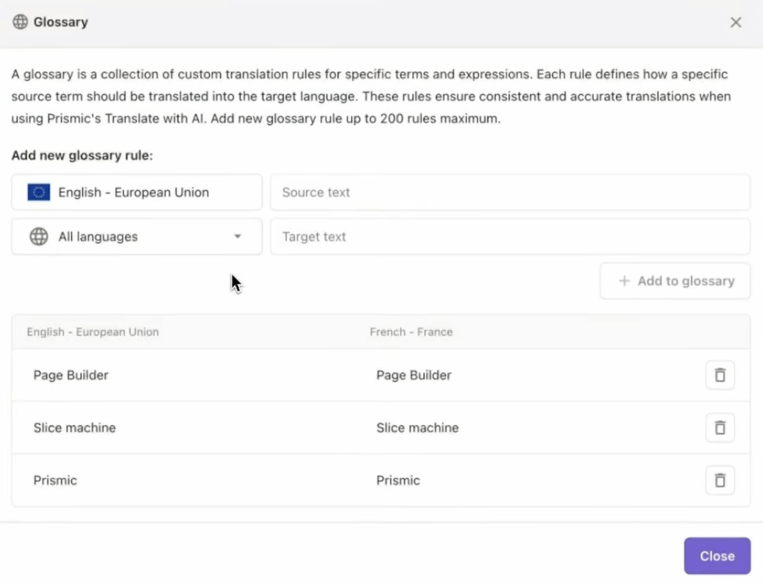 An image of glossary terms in the Page Builder