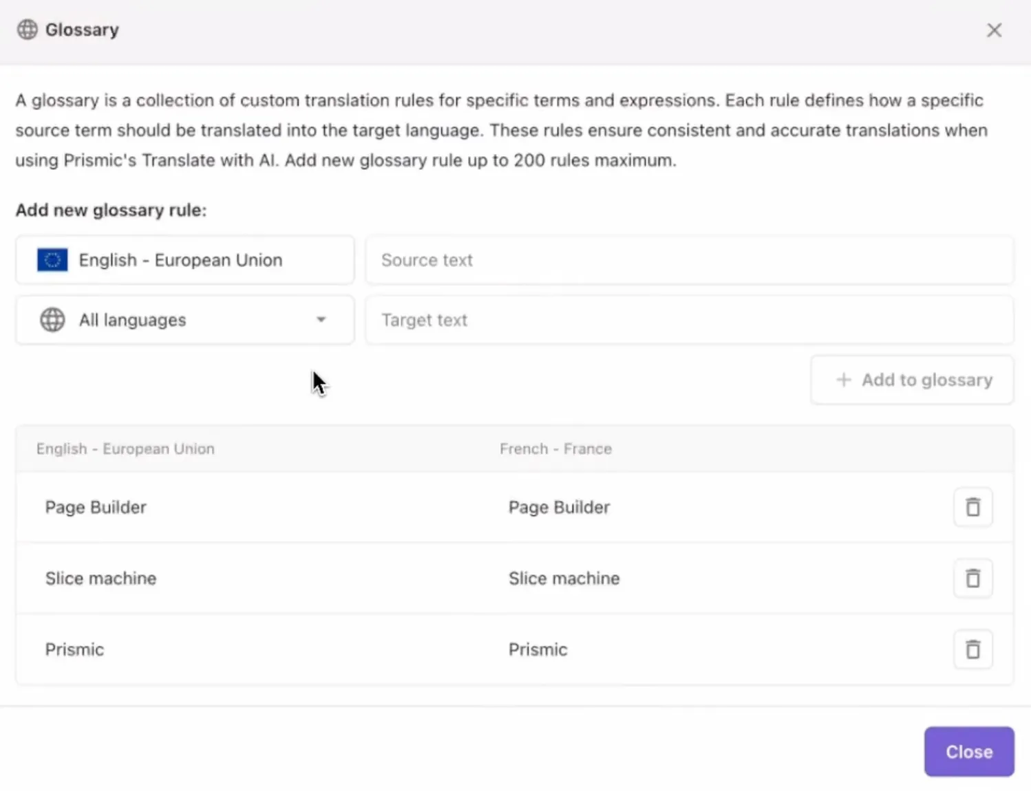 An image of glossary terms in the Page Builder