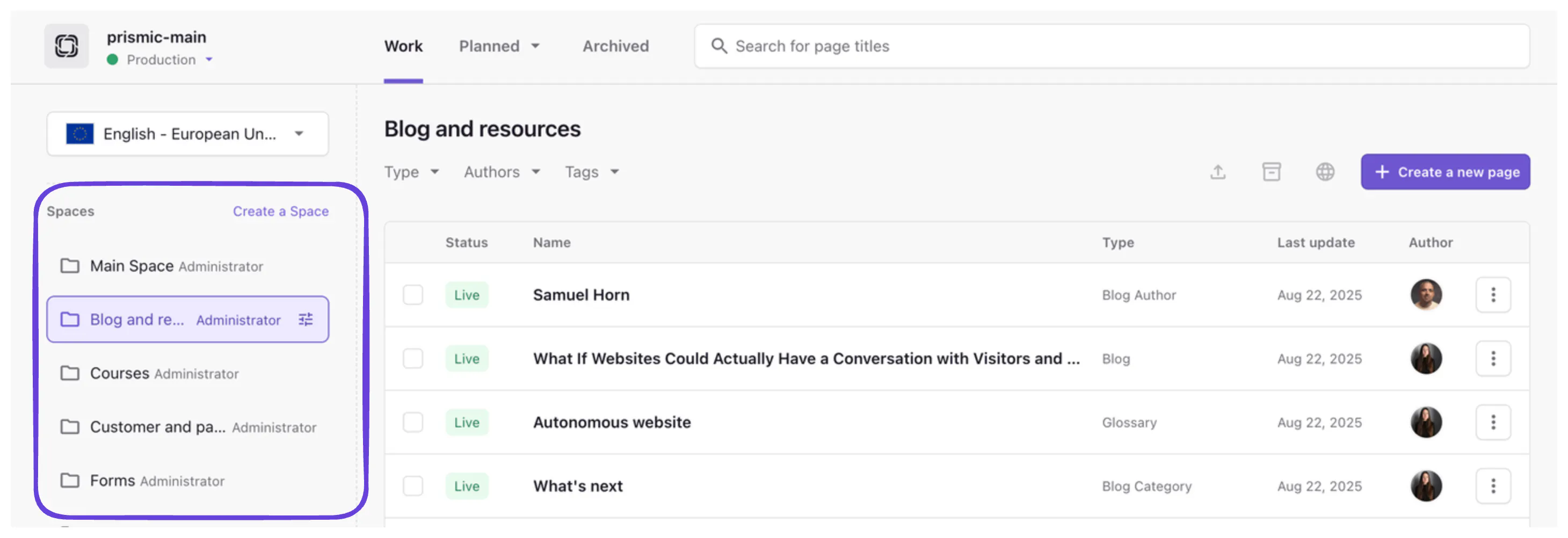 An image of spaces in the Page Builder