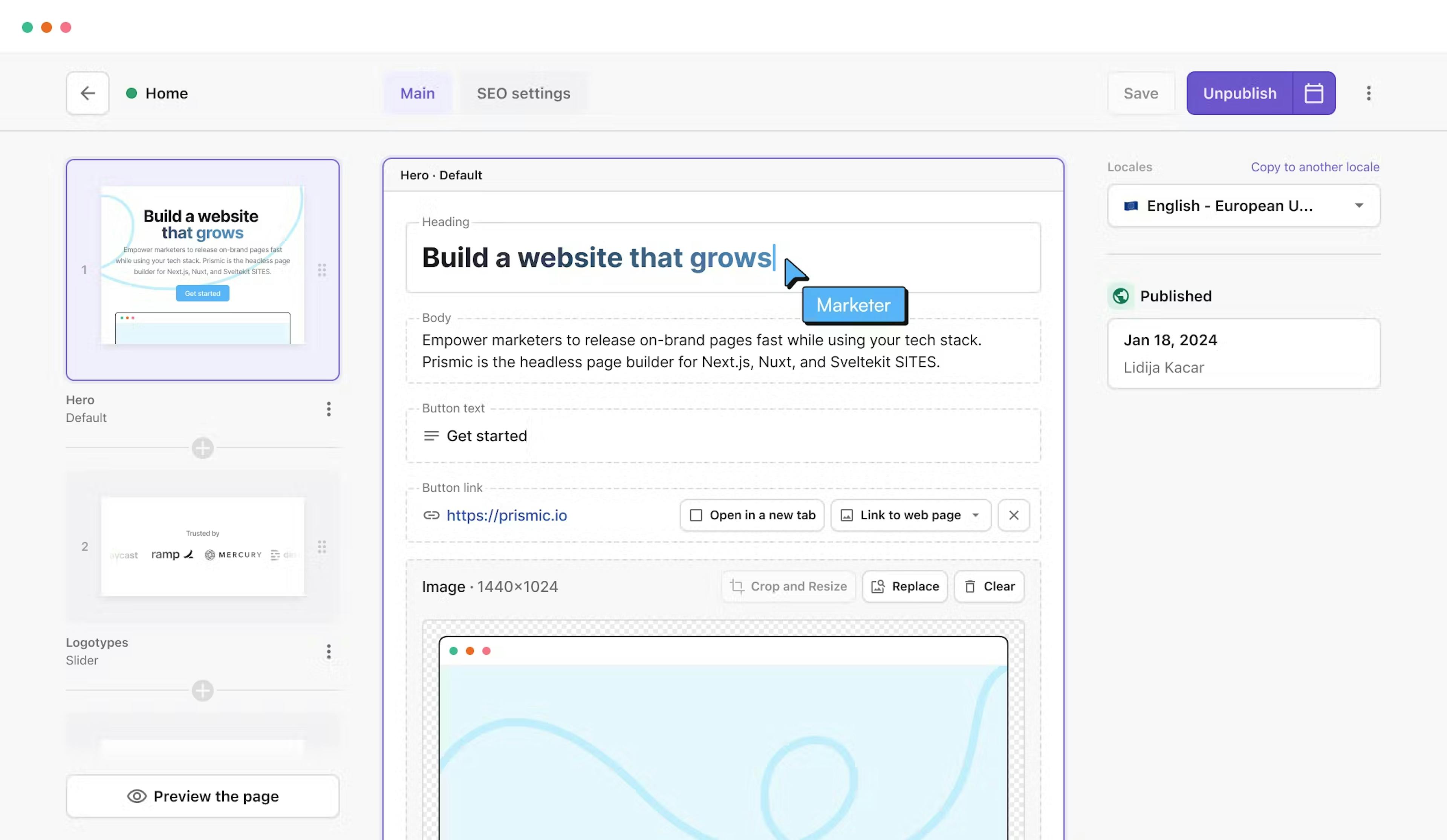 An image of the Prismic Page Builder