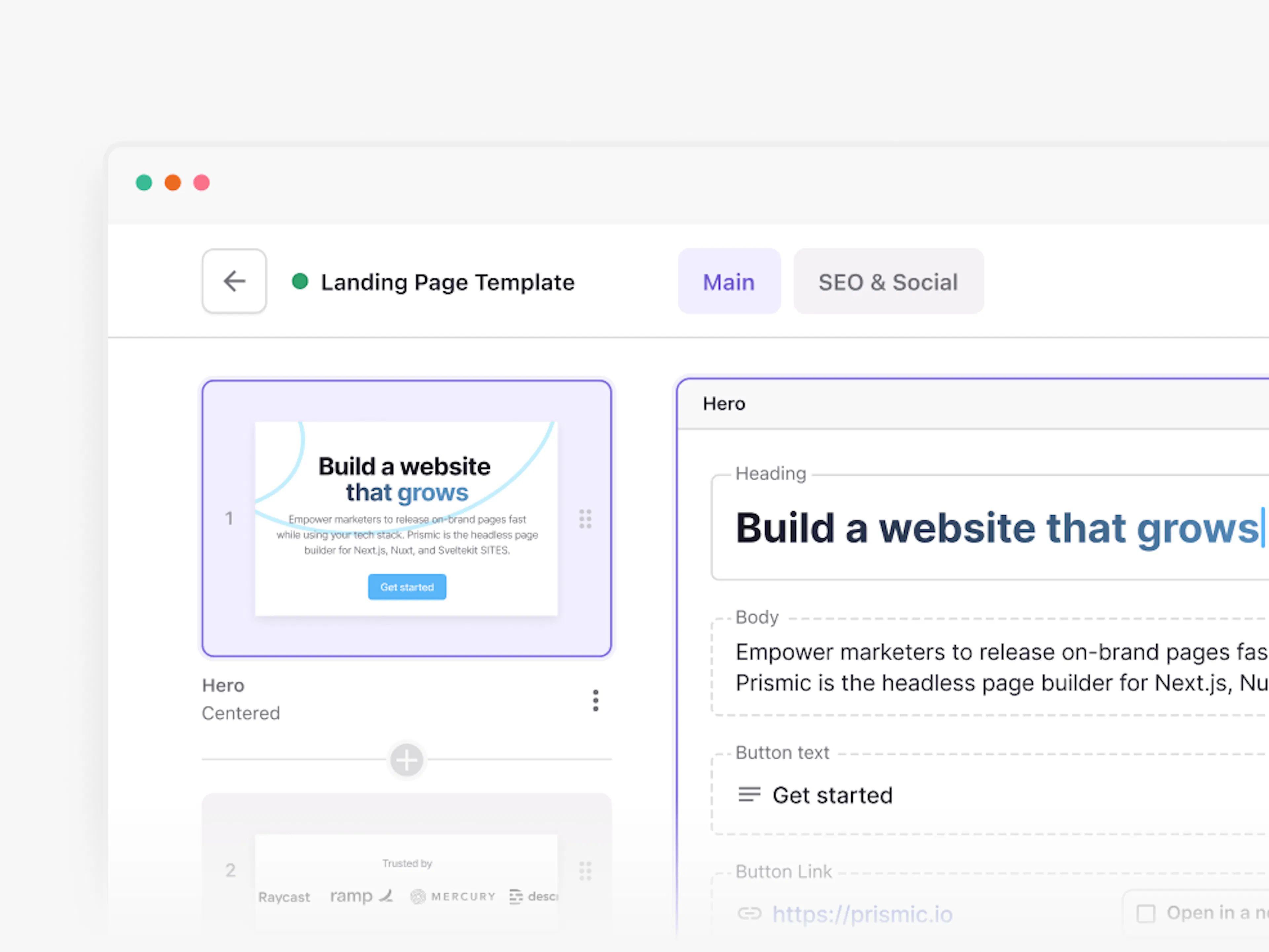 Base page in Prismic's Page Builder made of approved, reusable slices
