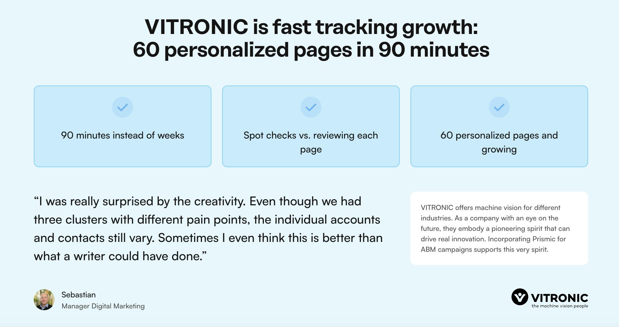 Vitrionic testimonial for Prismic abm landing page builder