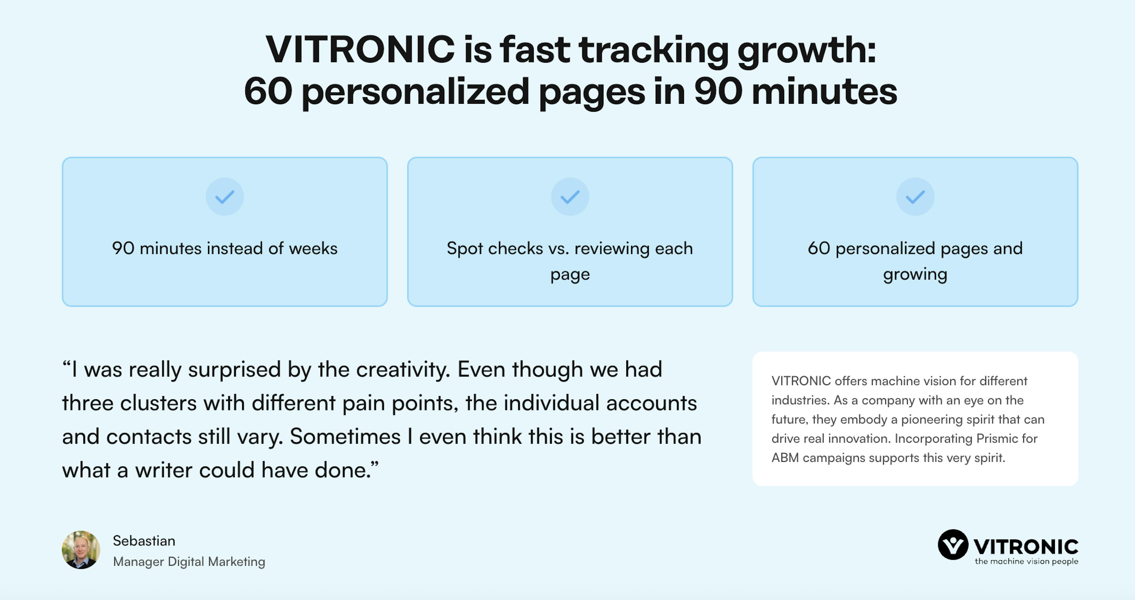 Vitrionic testimonial for Prismic abm landing page builder