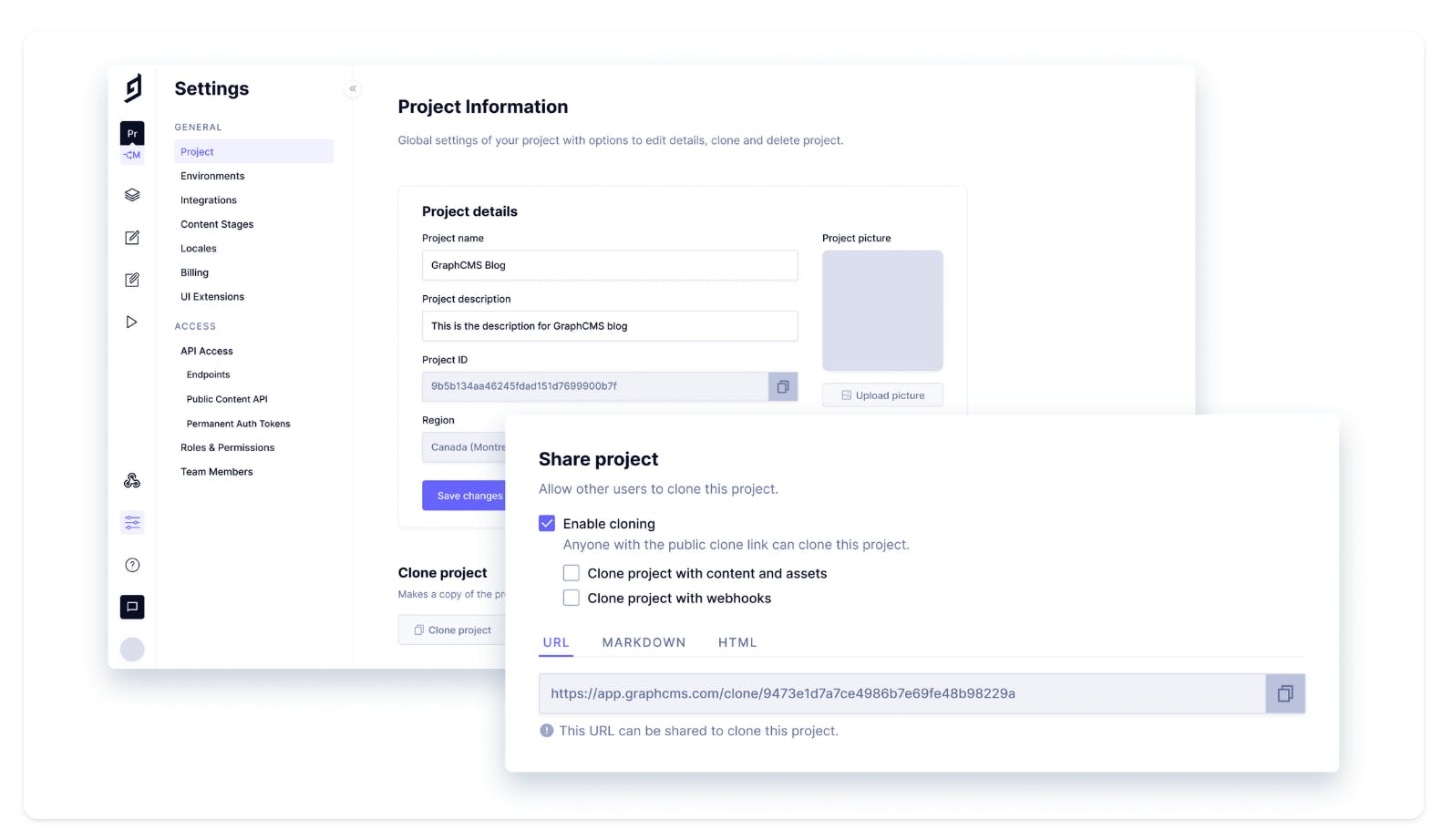 Image of project sharing in Hygraph.