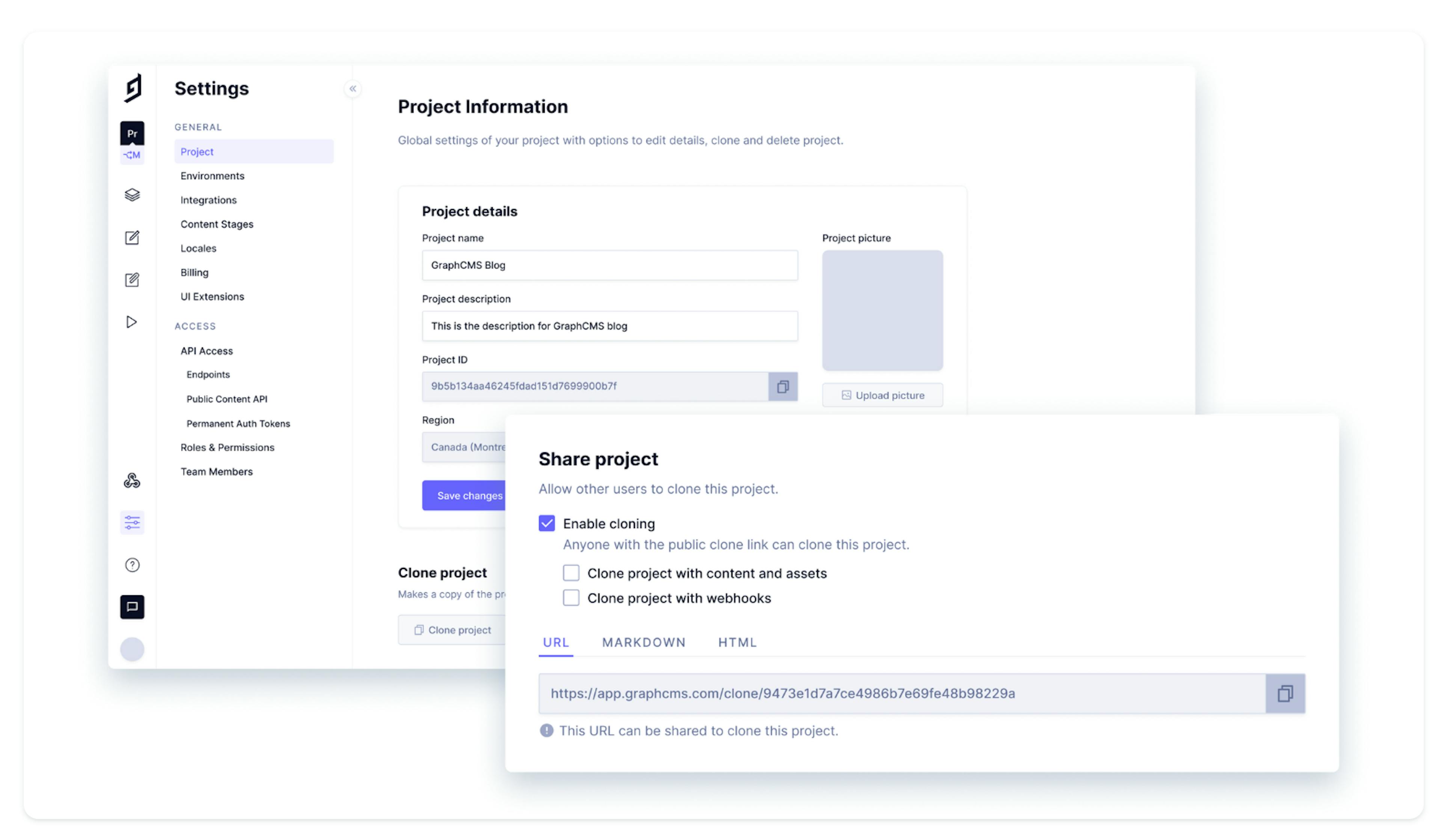 Image of project sharing in Hygraph.