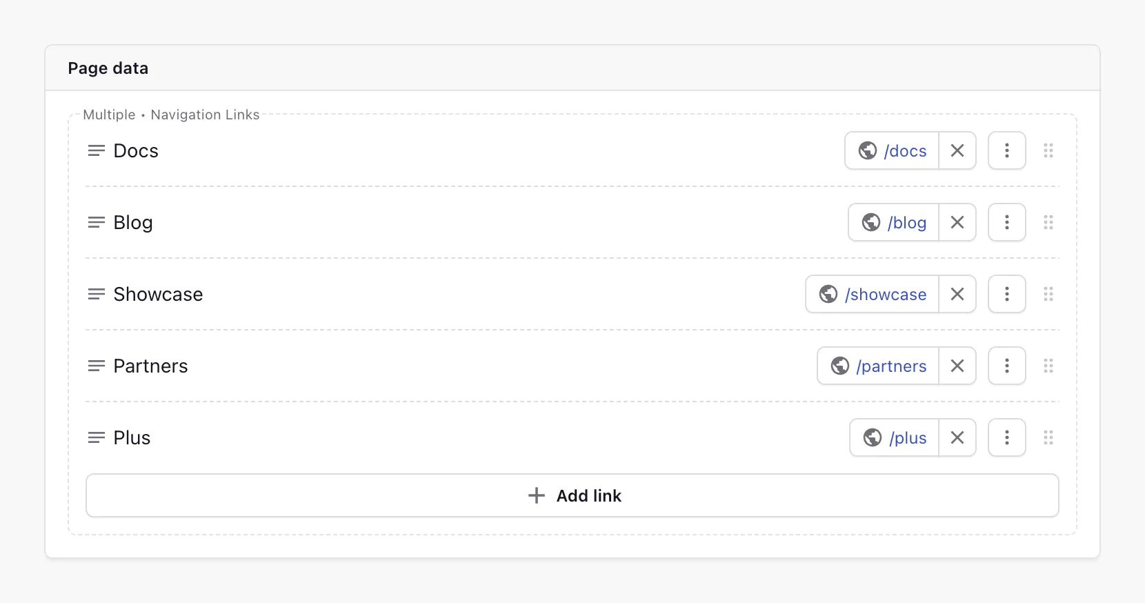 Settings custom type (one-level navigation) in the Page Builder