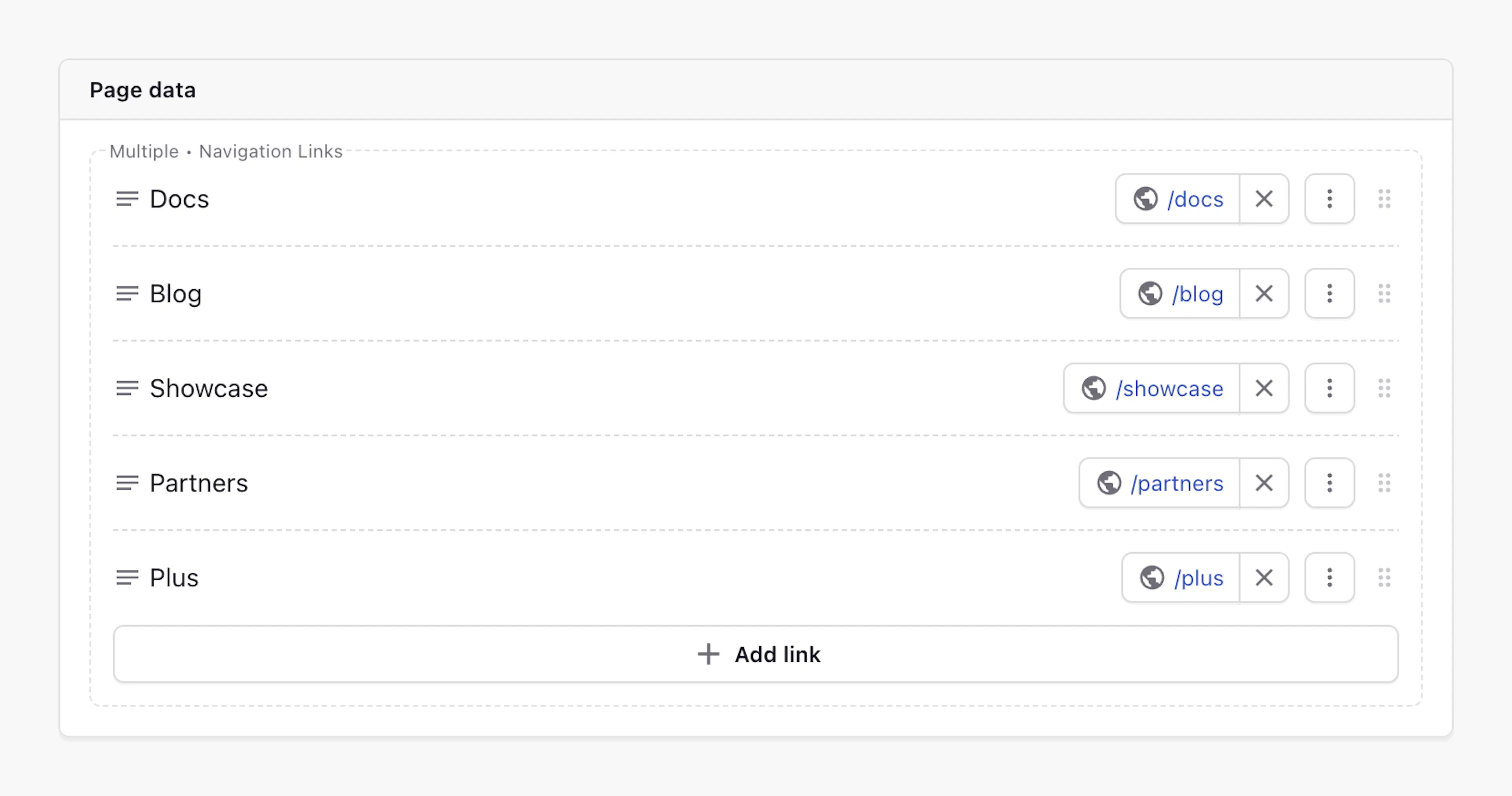 Settings custom type (one-level navigation) in the Page Builder