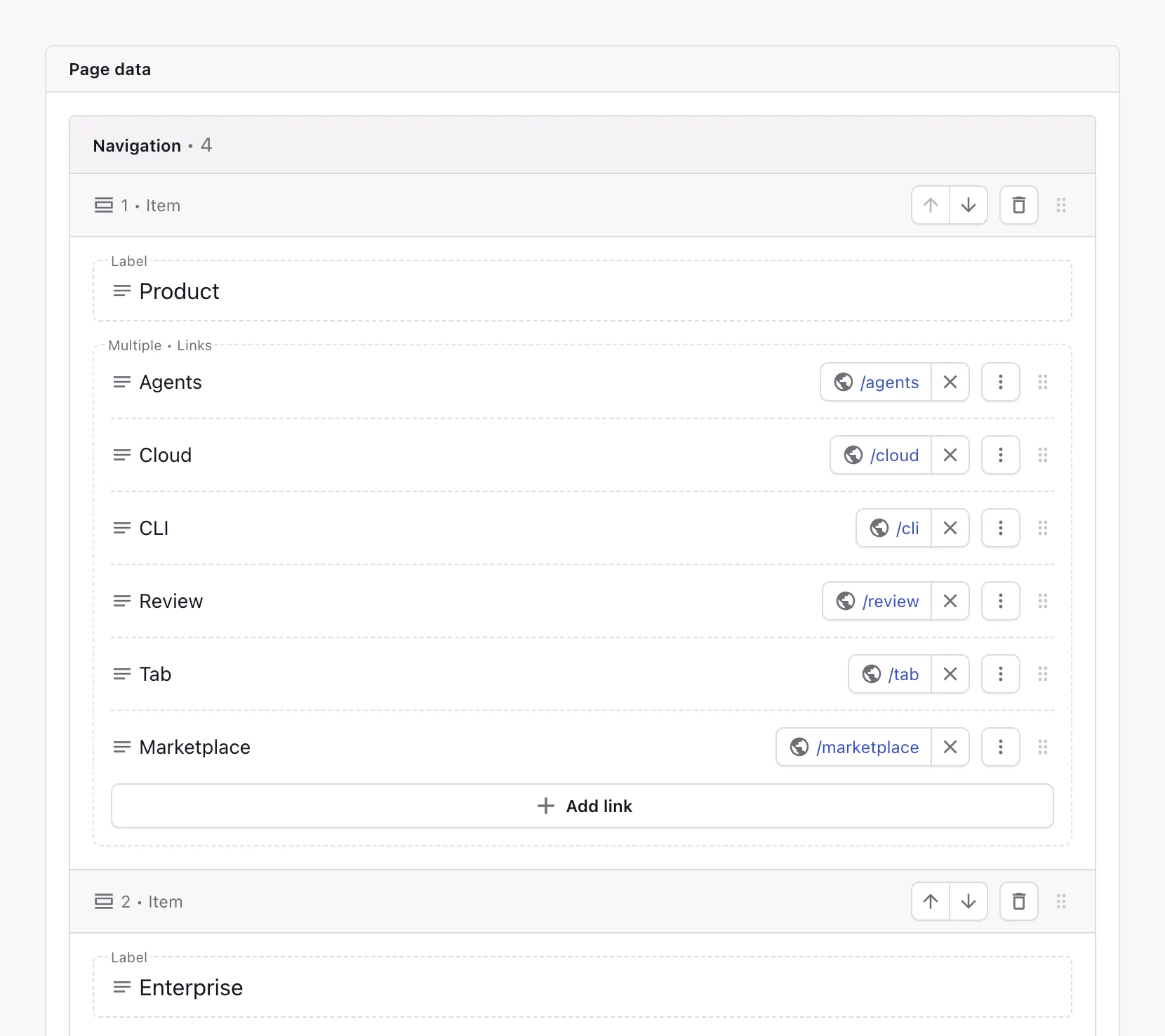 Settings custom type (two-level navigation) in the Page Builder