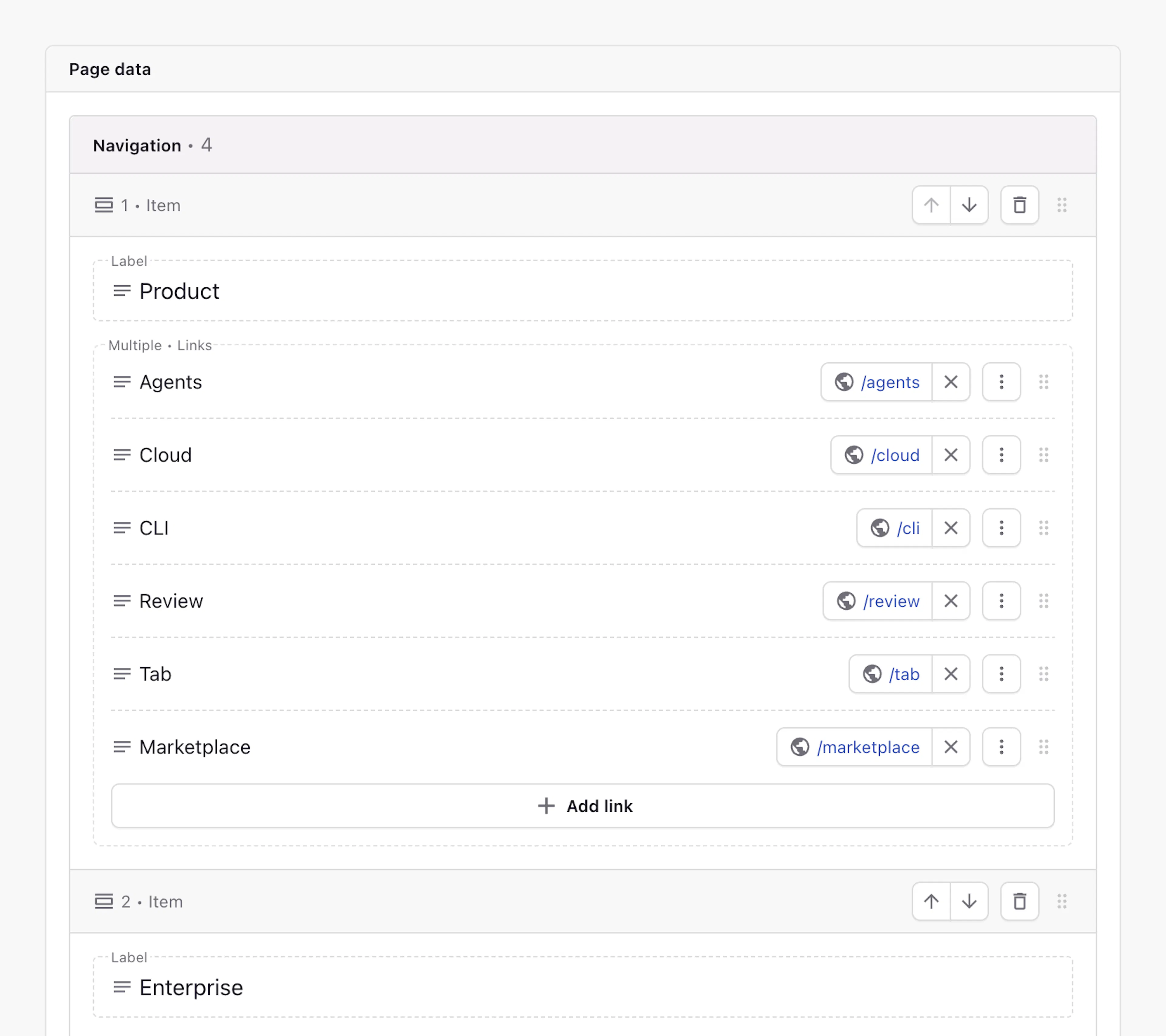Settings custom type (two-level navigation) in the Page Builder