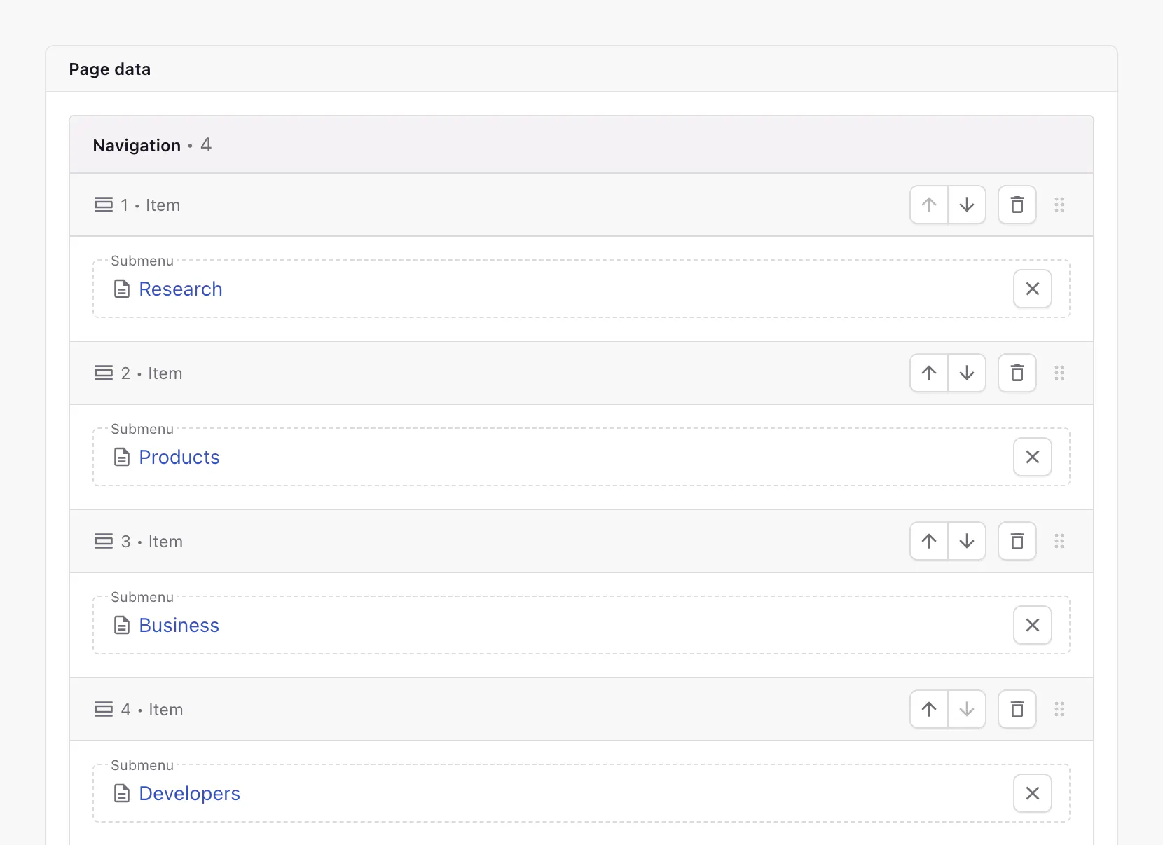Settings custom type (three-level navigation) in the Page Builder