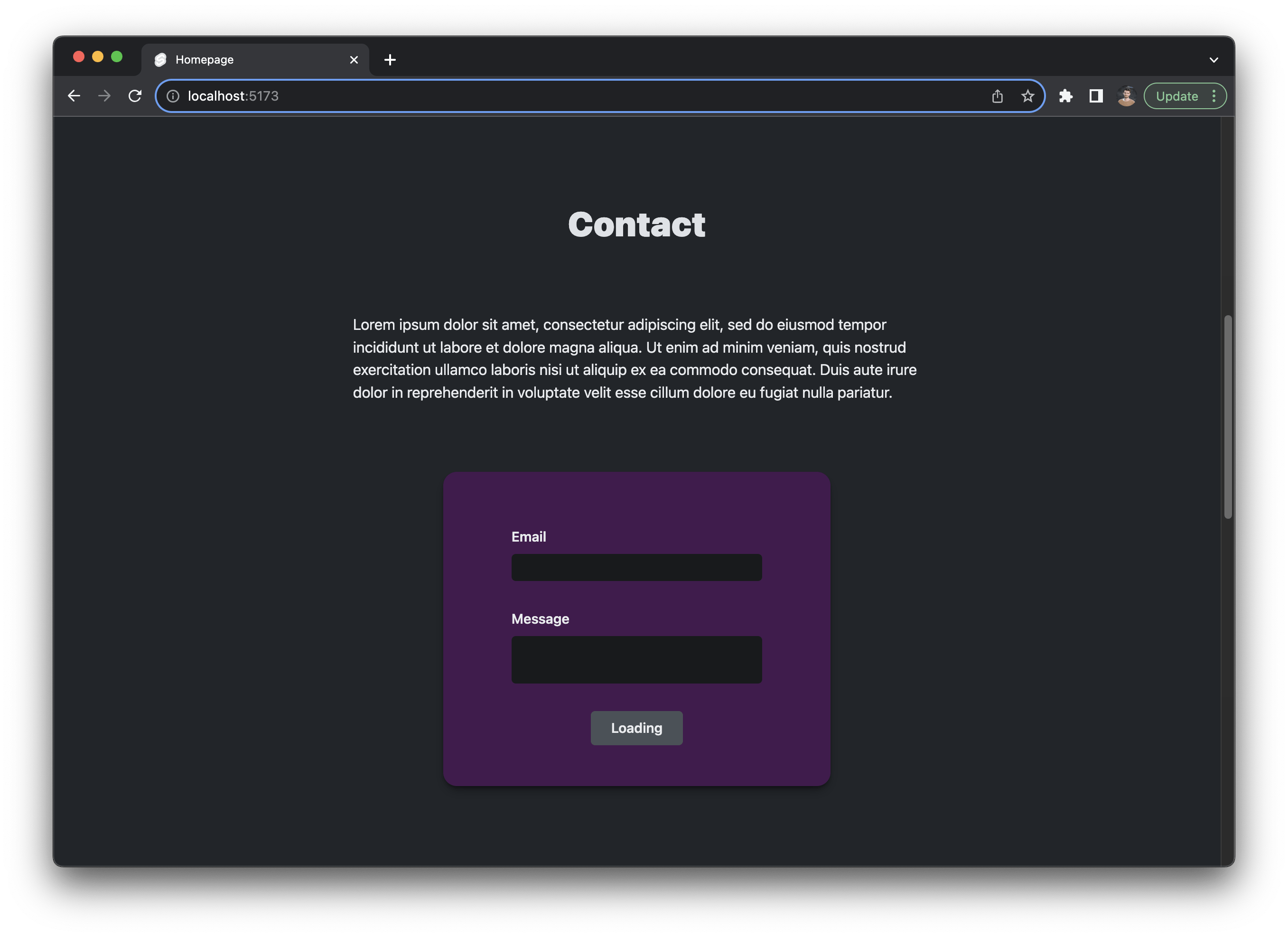 Image of contact form on the frontend of the site.