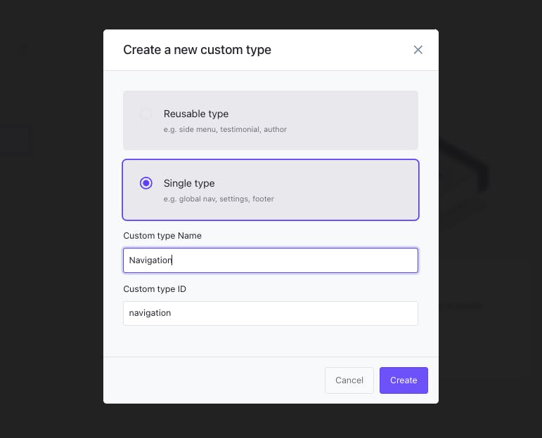 An image showing creating a Navigation custom type in Slice Machine.