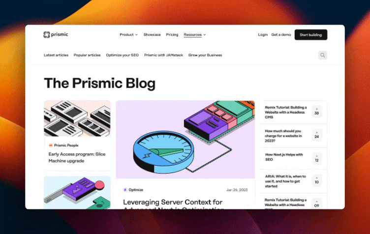 A GIF of the final Prismic blog home design.