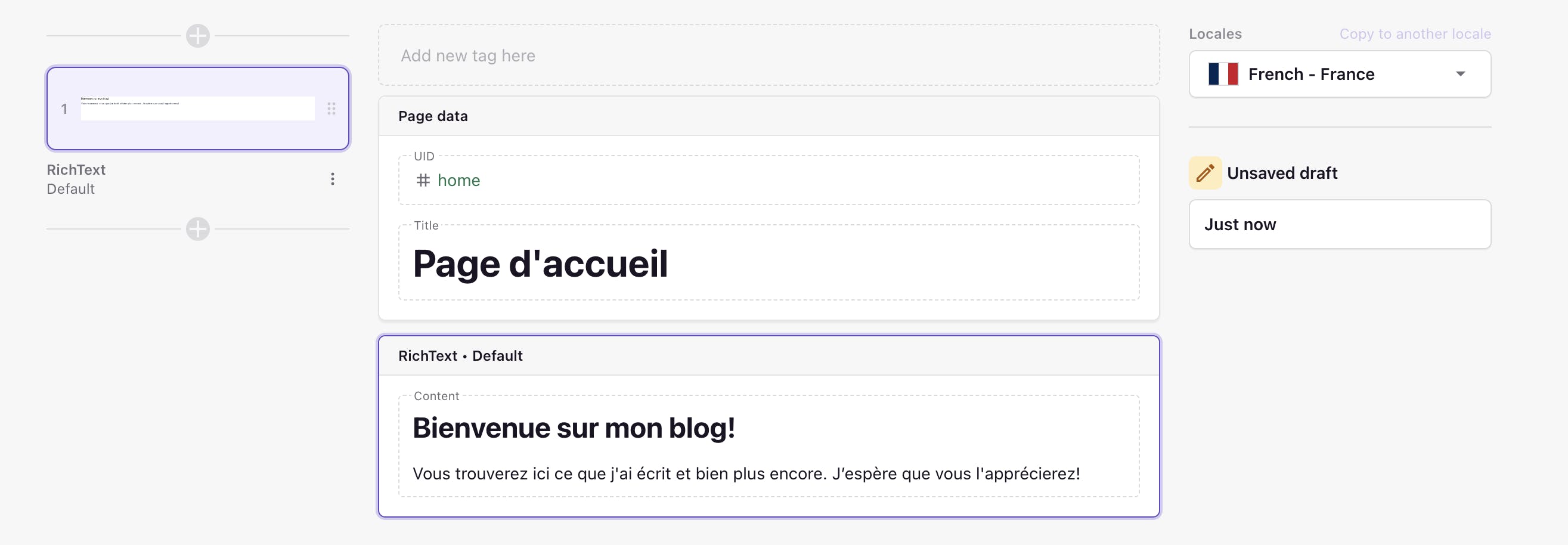 An image of our French locale in the page builder.