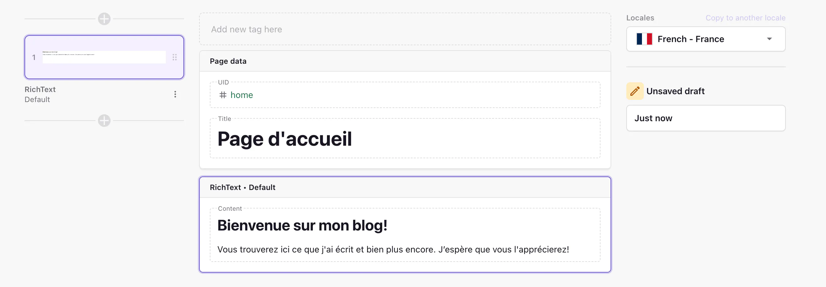 An image of our French locale in the page builder.