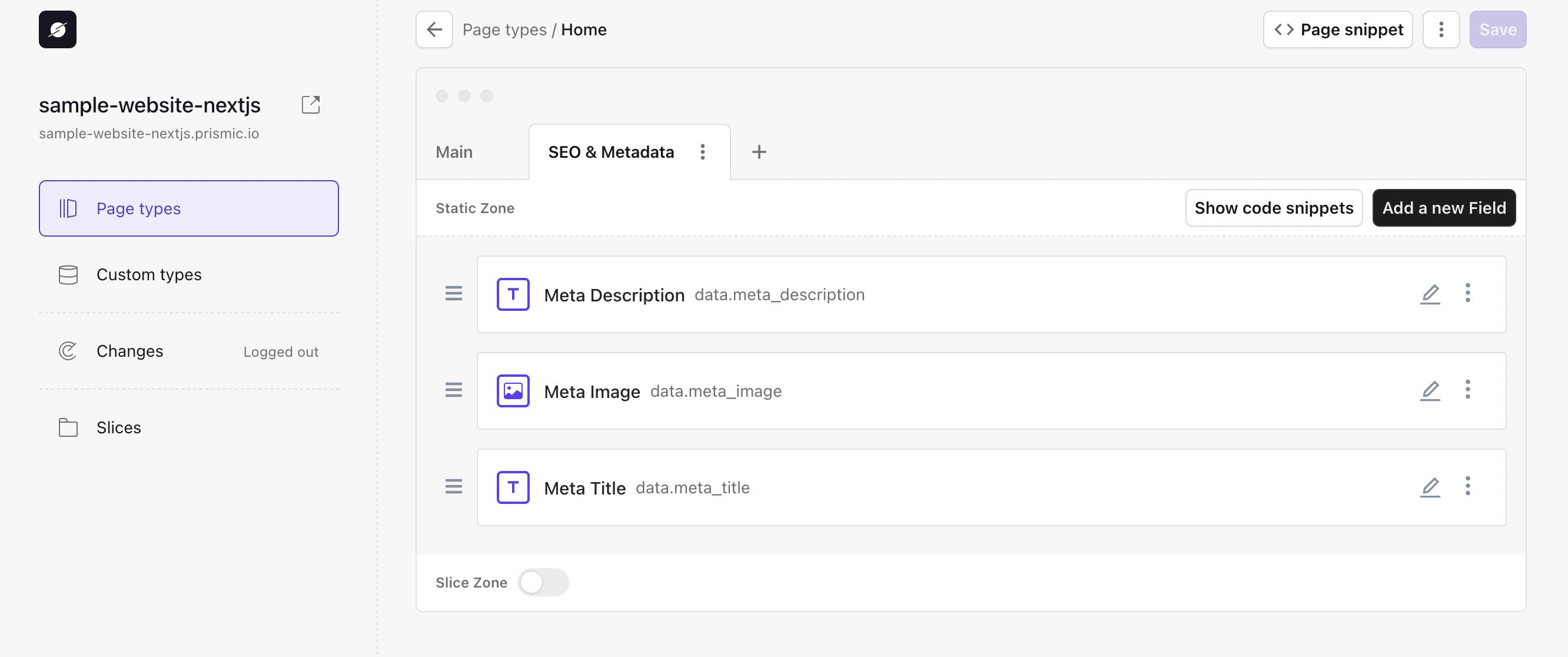 An image showing the SEO & Metadata tab in Slice Machine.