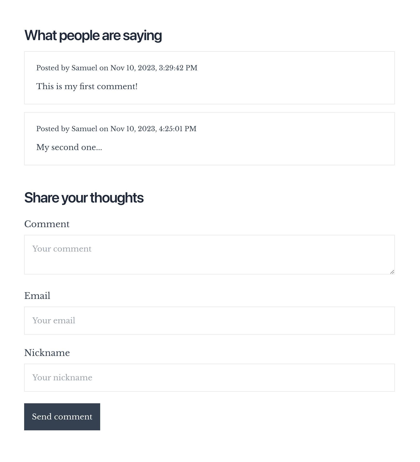An image of our comments from Supabase on the frontend.