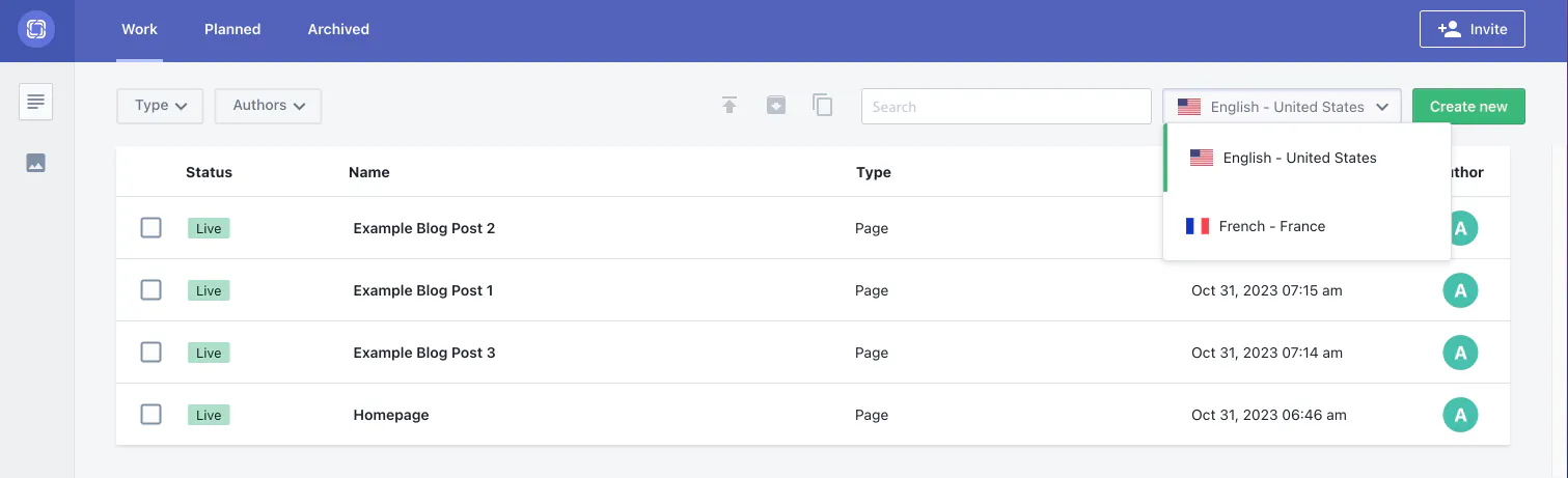 An image of our French locale in the documents section of page builder.