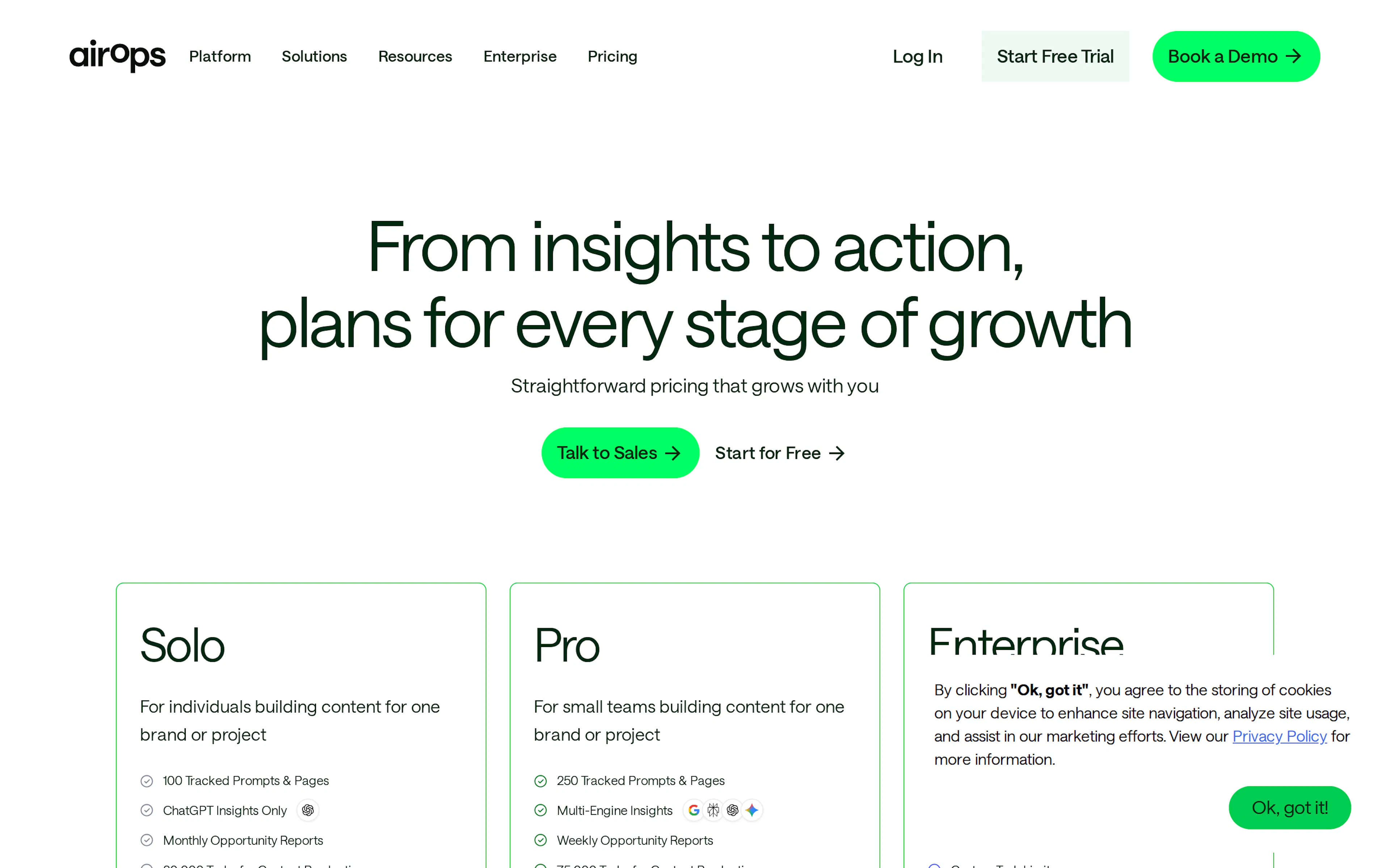 AirOps pricing page, showing the platform positioned as a separate enterprise system that runs alongside an existing CMS