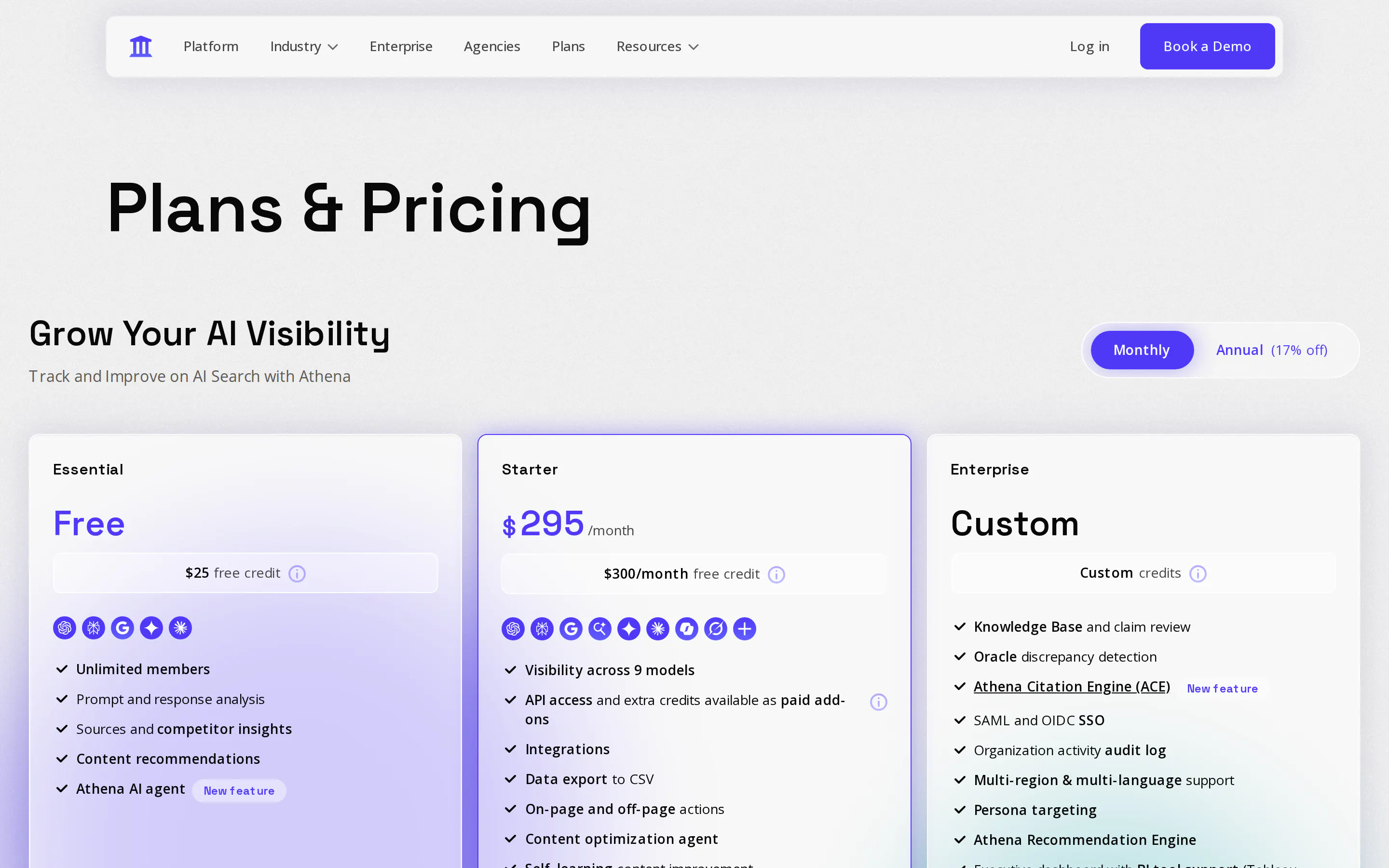 AthenaHQ plans and pricing page showing a free Essential tier with $25 credit and five models, and a Starter tier at $295 per month covering visibility across nine models