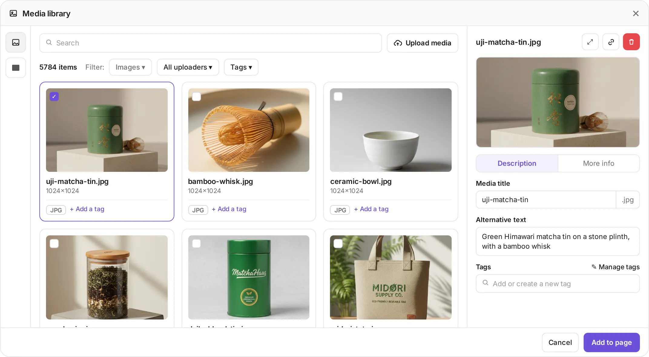 Prismic media library with product photos, one selected with its title, alt text and tags