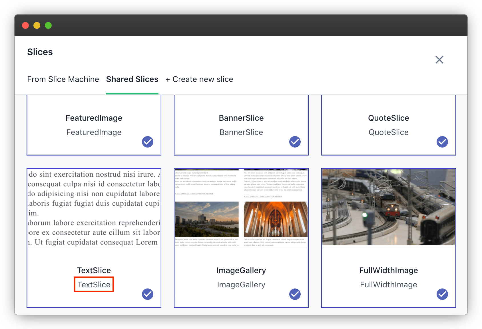 The Share Slices Tab The Shared Slice tab in the custom type builder in the Prismic UI