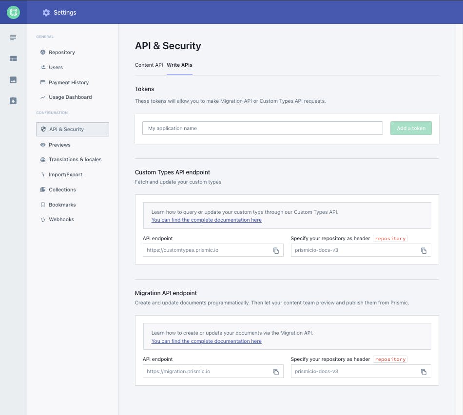 The API & Security section of a Prismic repository.