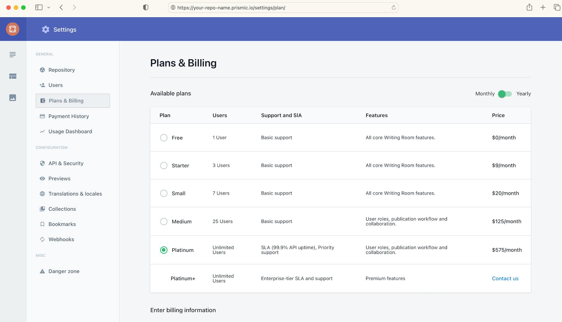 Prismic Plans and Billing screen