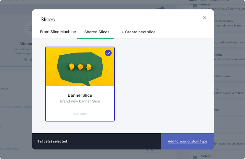 The Shared Slices view in the custom type builder in Prismic.