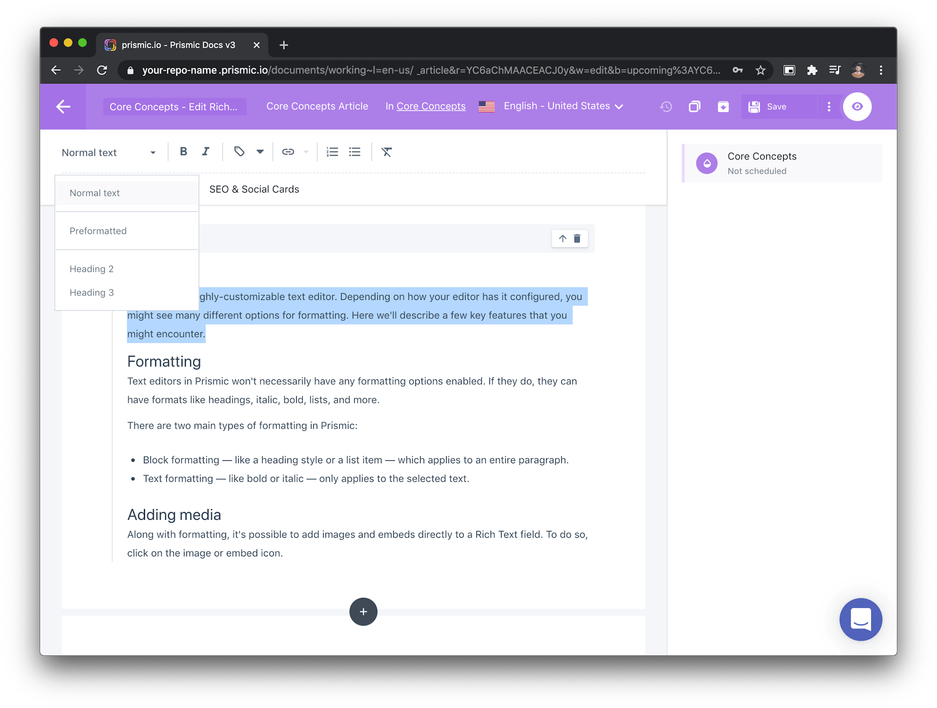 Rich text field in the document editor
