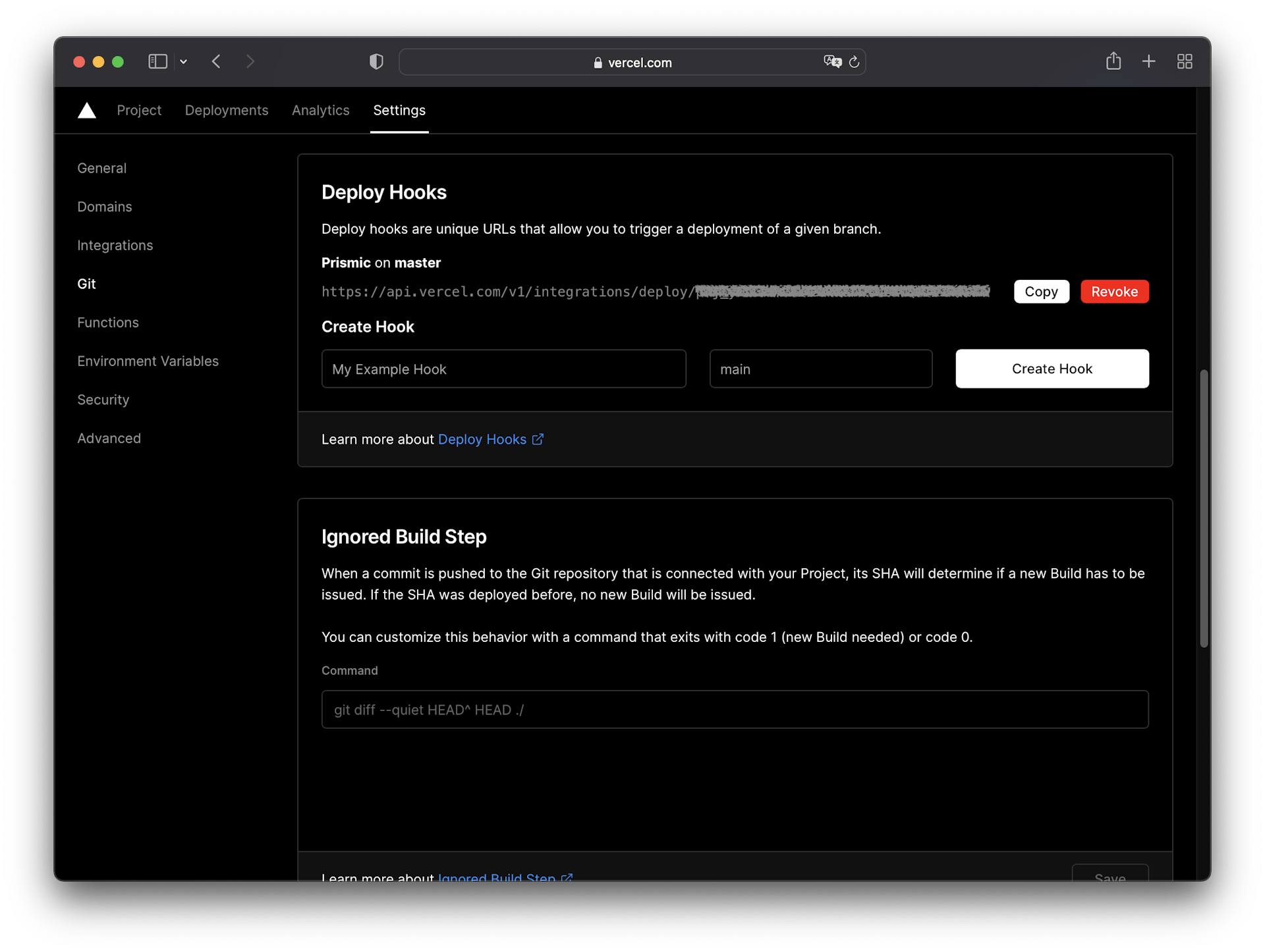 Screenshot of Vercel's deploy hooks setting.