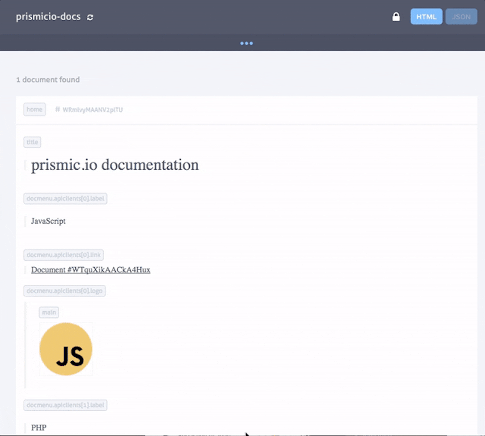 Switching between HTML and JSON in the API Browser Switching between HTML and JSON in the Prismic API Browser