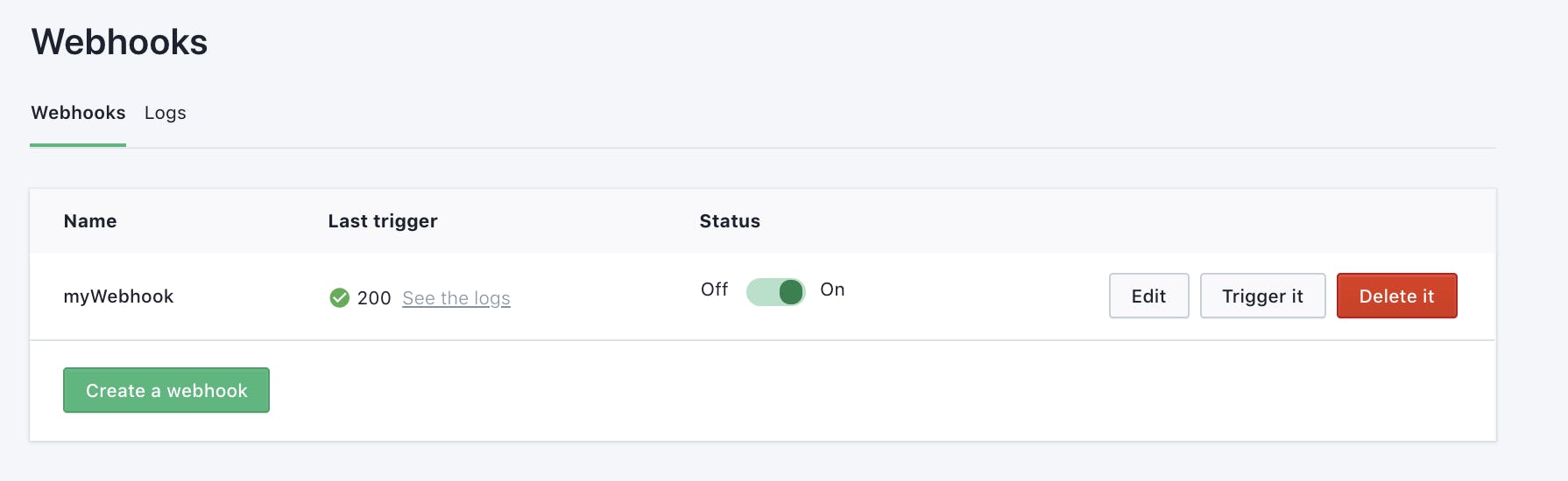 Screenshot of an active webhook