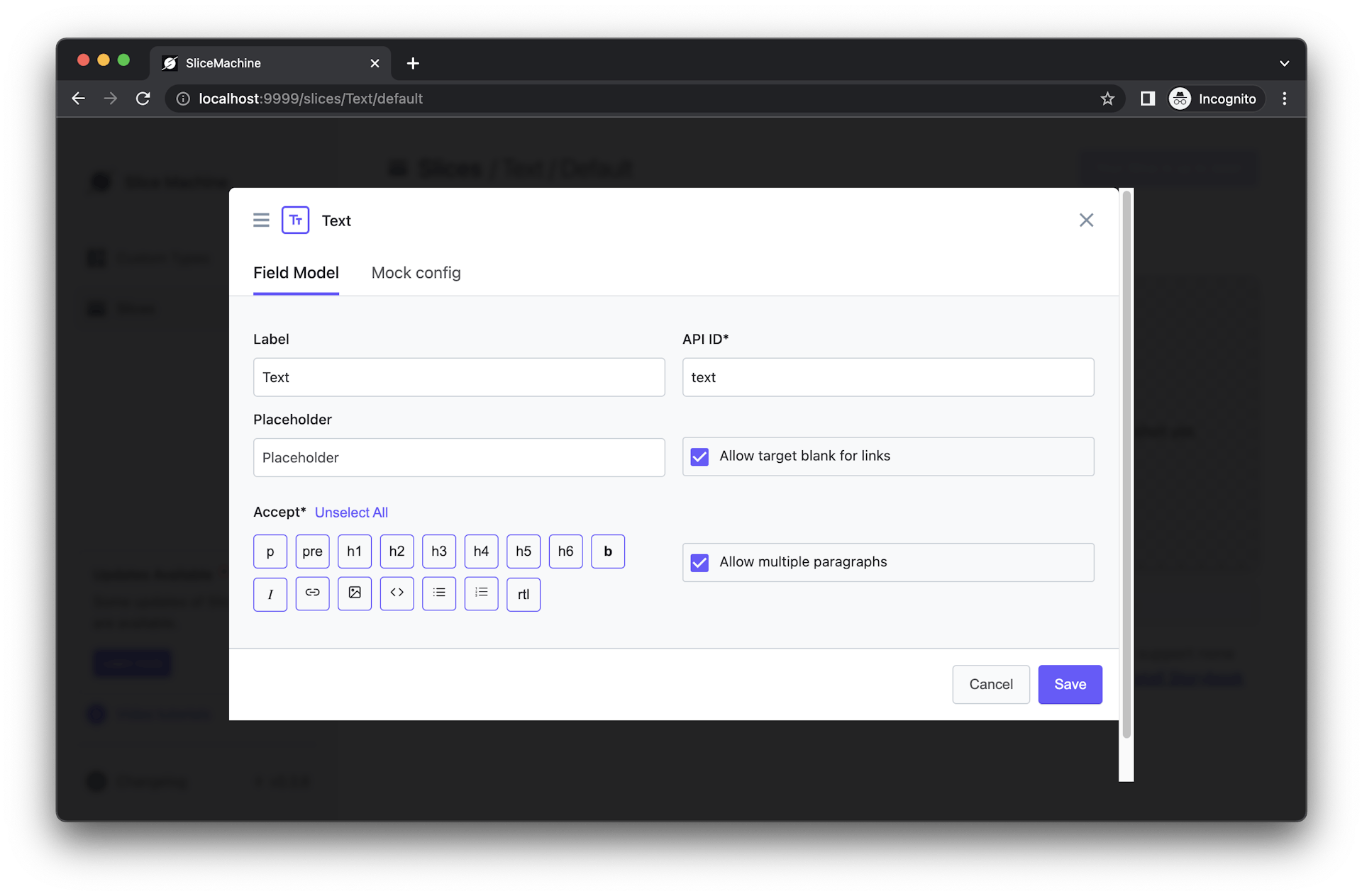 A screenshot of Slice Machine's Rich Text configuration screen.