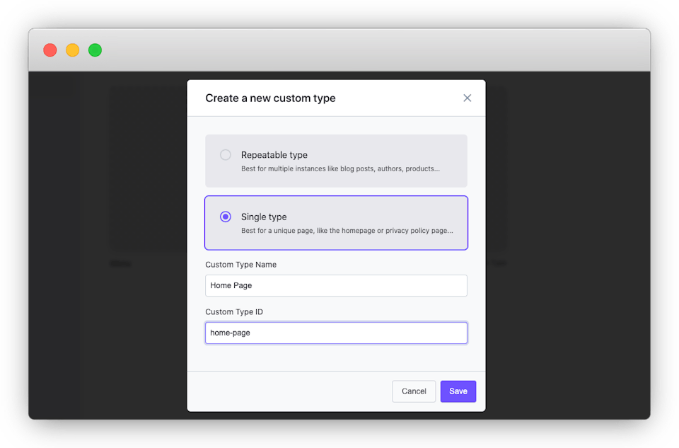 The 'Create a new custom type' screen The 'Create a new custom type' screen