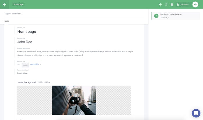 The homepage document in Prismic The homepage document in Prismic